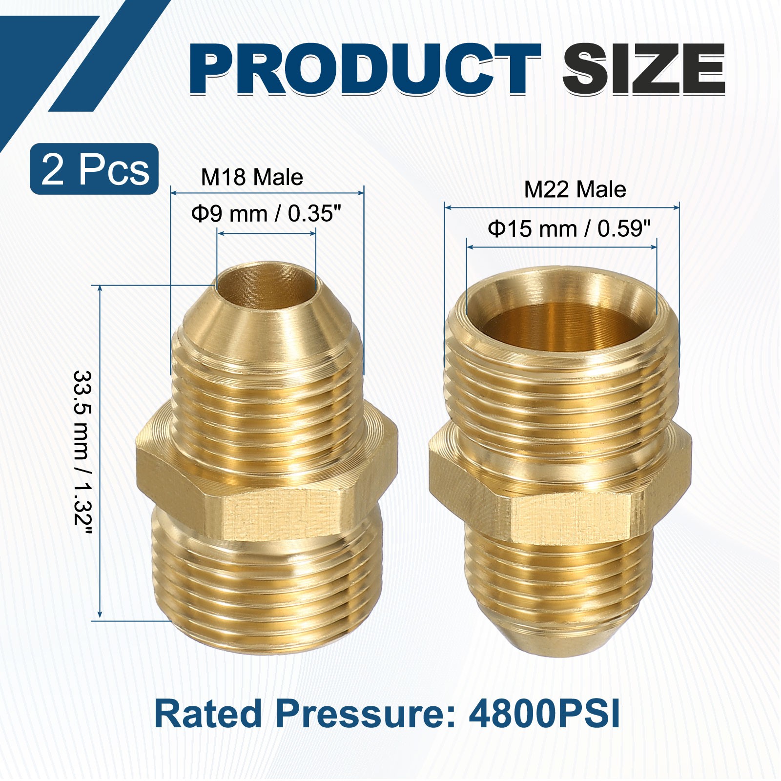 2pcs Pressure Washer Connector M22 Male to G3/8 Female Spigot 4800PSI Brass