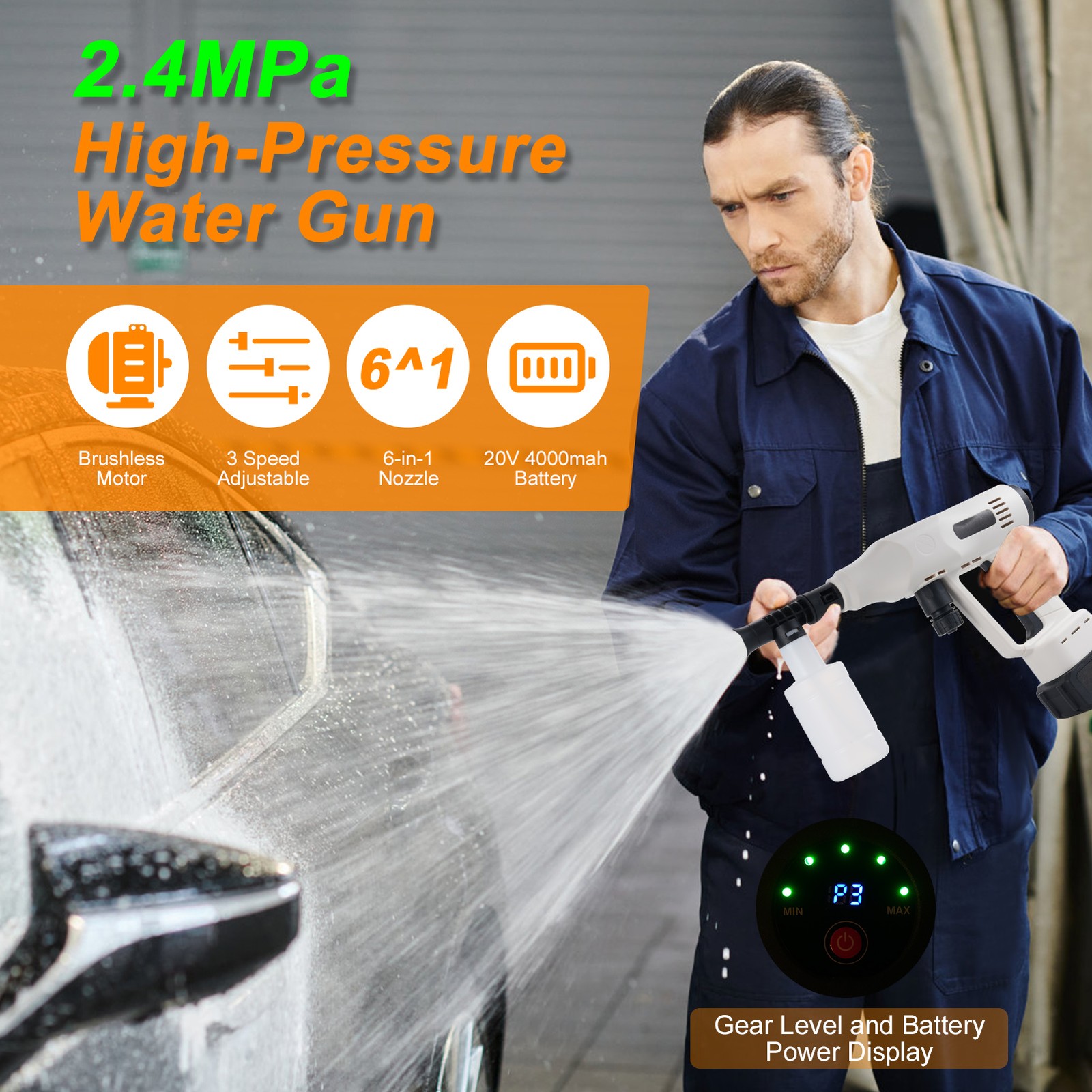 Pressure Washer 2.4MPa High-pressure Water Brushless Motor 3 Speed