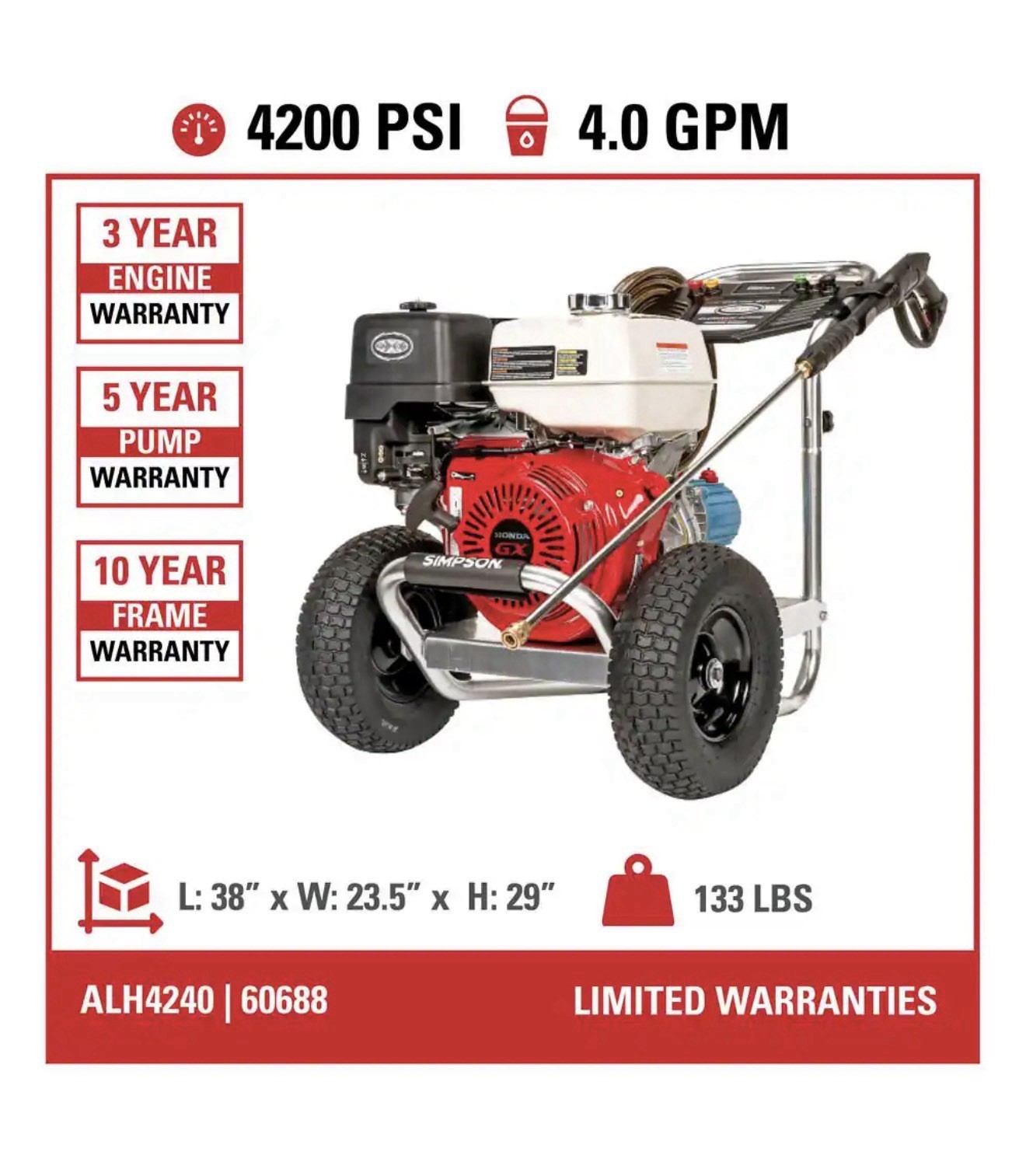 4200 PSI 4.0 GPM Gas Cold Water Pressure Washer with HONDA GX390 Engine NEW