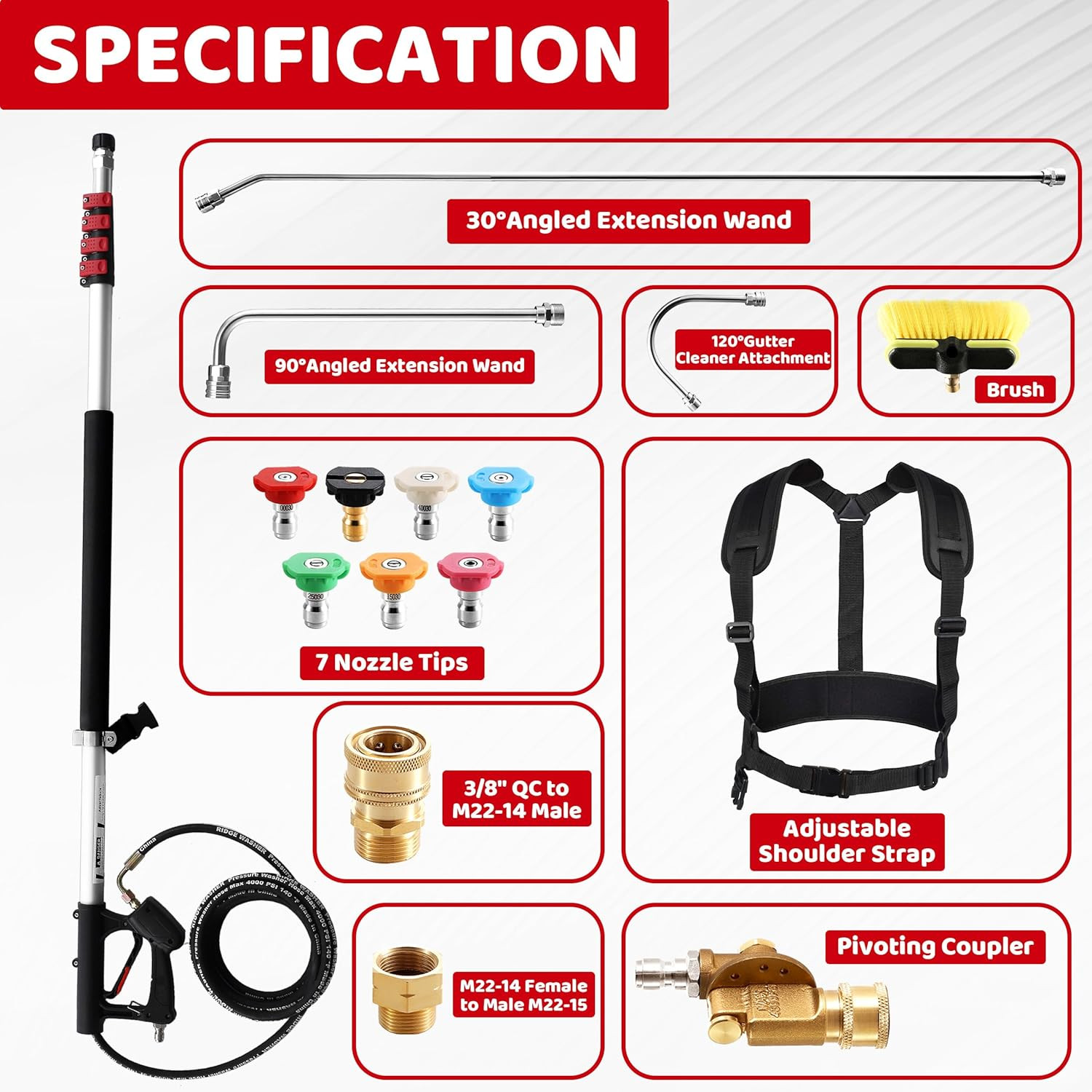 24 FT Telescoping Pressure Washer Wand, Power Washer Extension Wand with Brush,