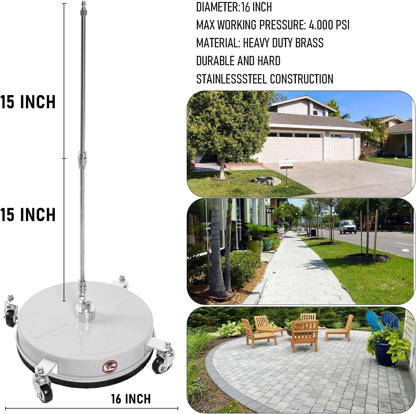 16″ Stainless Steel Pressure Washer Surface Cleaner with 4 Wheels, 4000 PSI