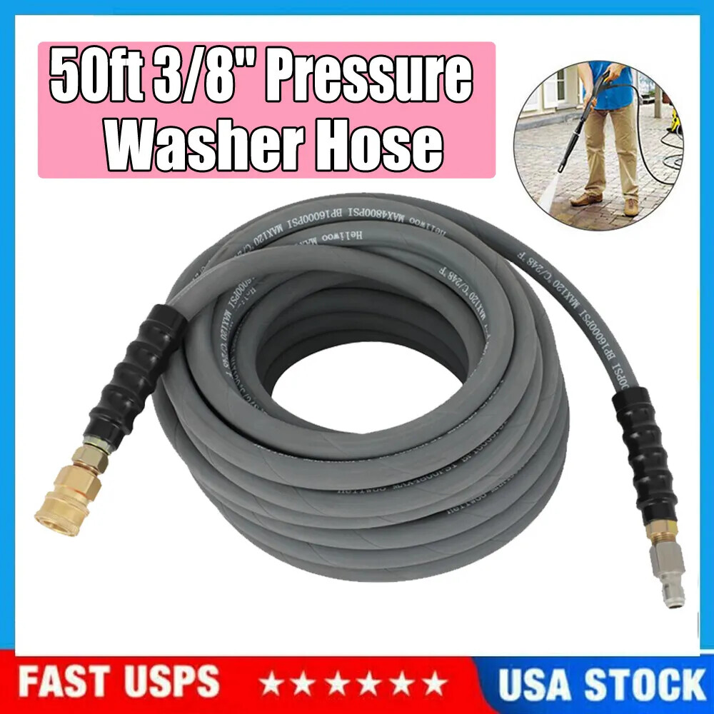 3/8″ x 50ft 4000psi Water Pressure Washer Hose Non-Marking Gray With Couplers.