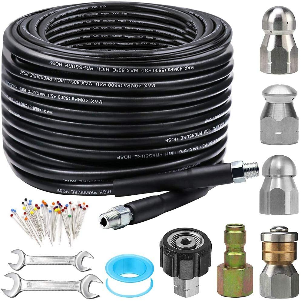 100FT 5800 PSI Sewer Jetter Nozzles Kit Pressure Washer Drain Cleaning Hose