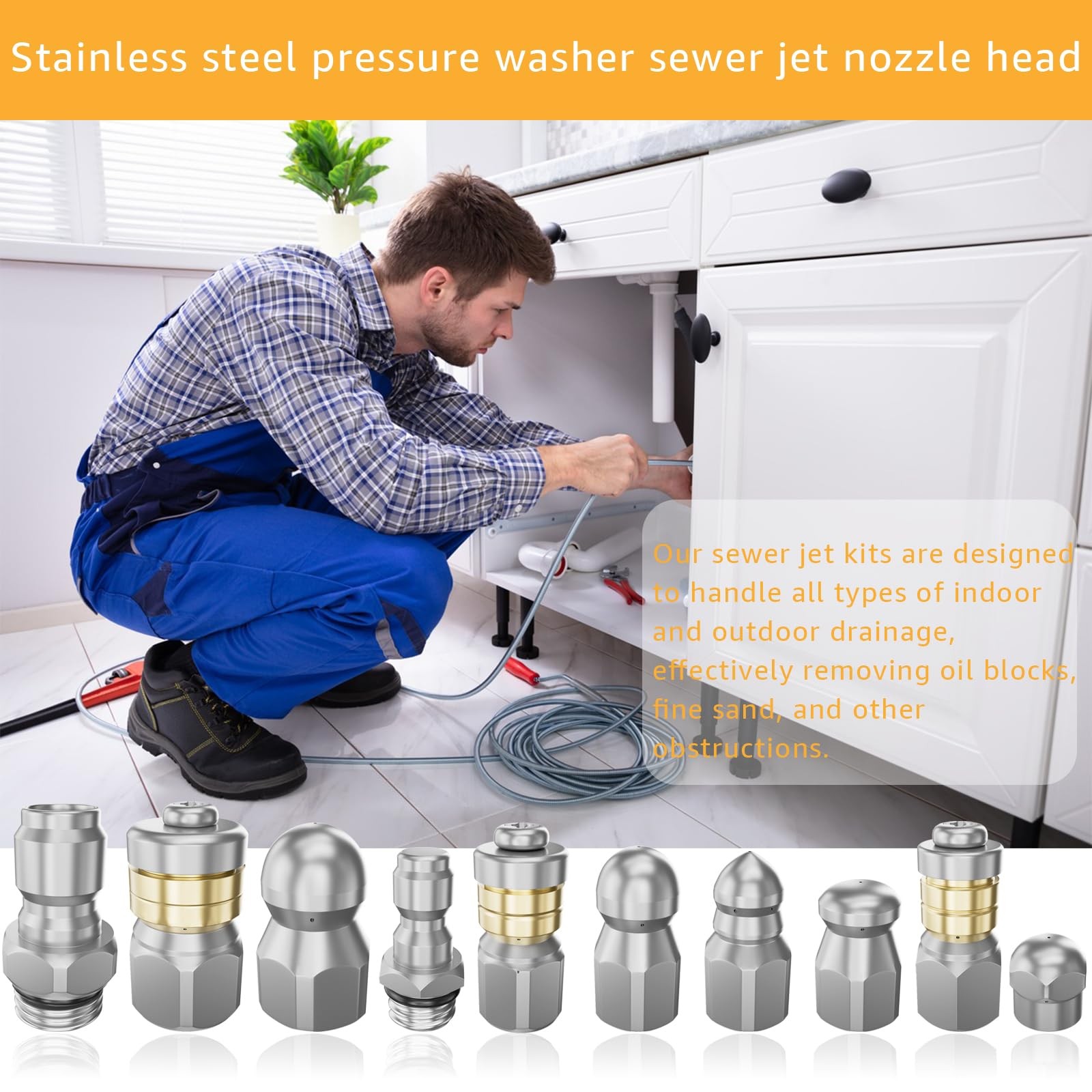 Jetter Heads Kit, Rotating Button Drain Cleaning Nozzle Tips for Pressure Was…