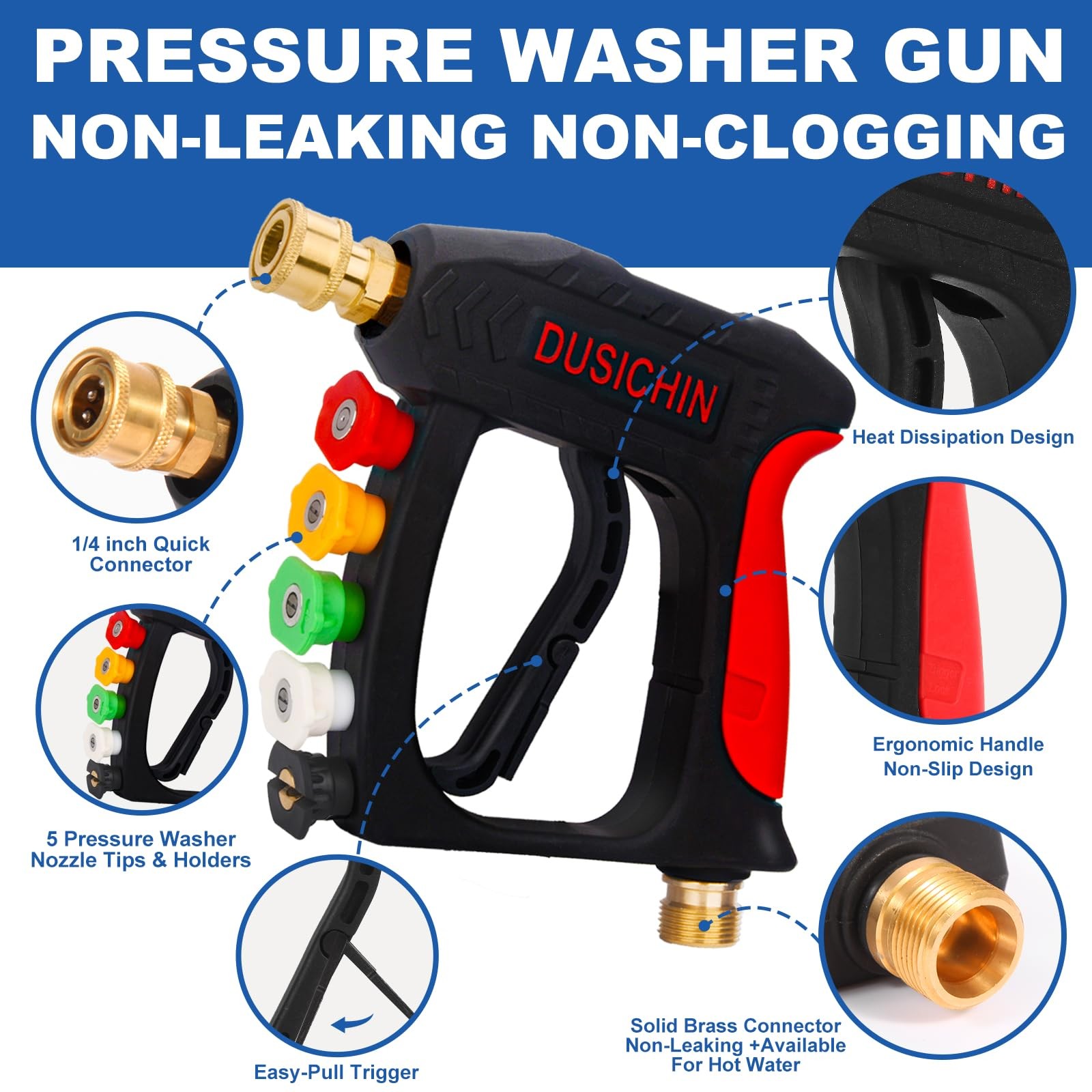Short Wand High Pressure Washer Handle Gun 3000 PSI 5 Nozzles Black