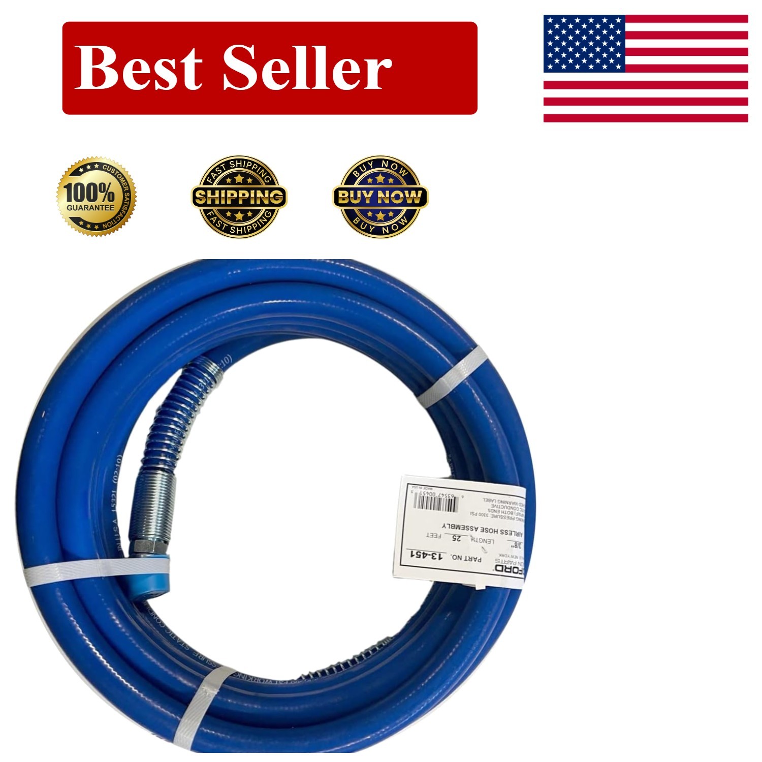 High-Performance 25′ Airless Hose Assembly, 3/8″ – Fits Binks Devilbiss 214-703
