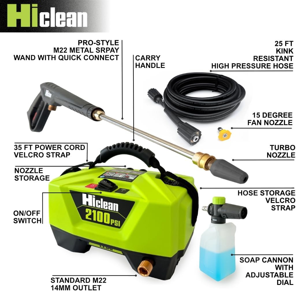 Hiclean Electric Pressure Washer 2100 PSI Portable with Foam Cannon