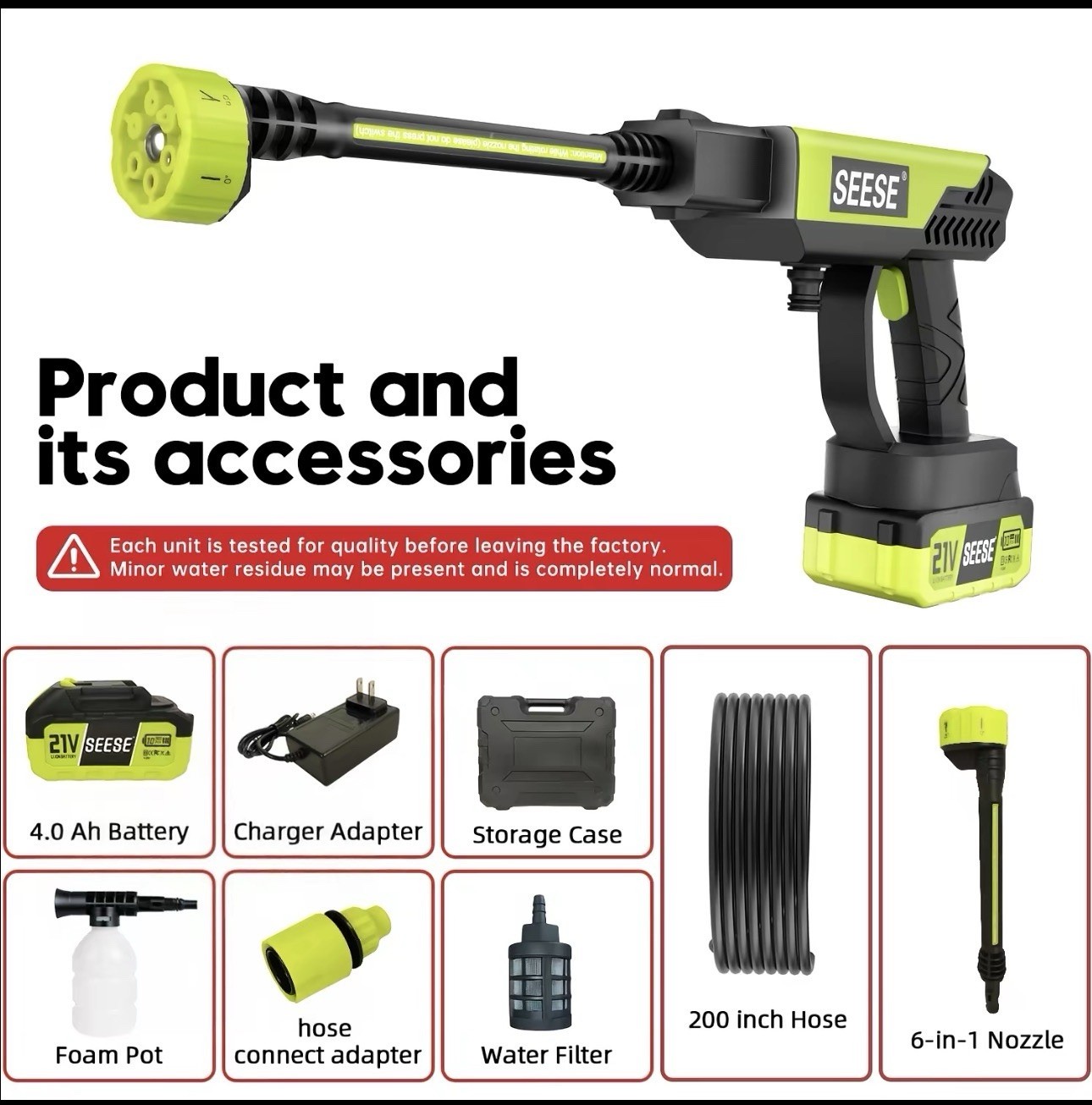 SEESE 21V Cordless Portable Pressure Washer 1000 PSI Water Gun Kit Battery