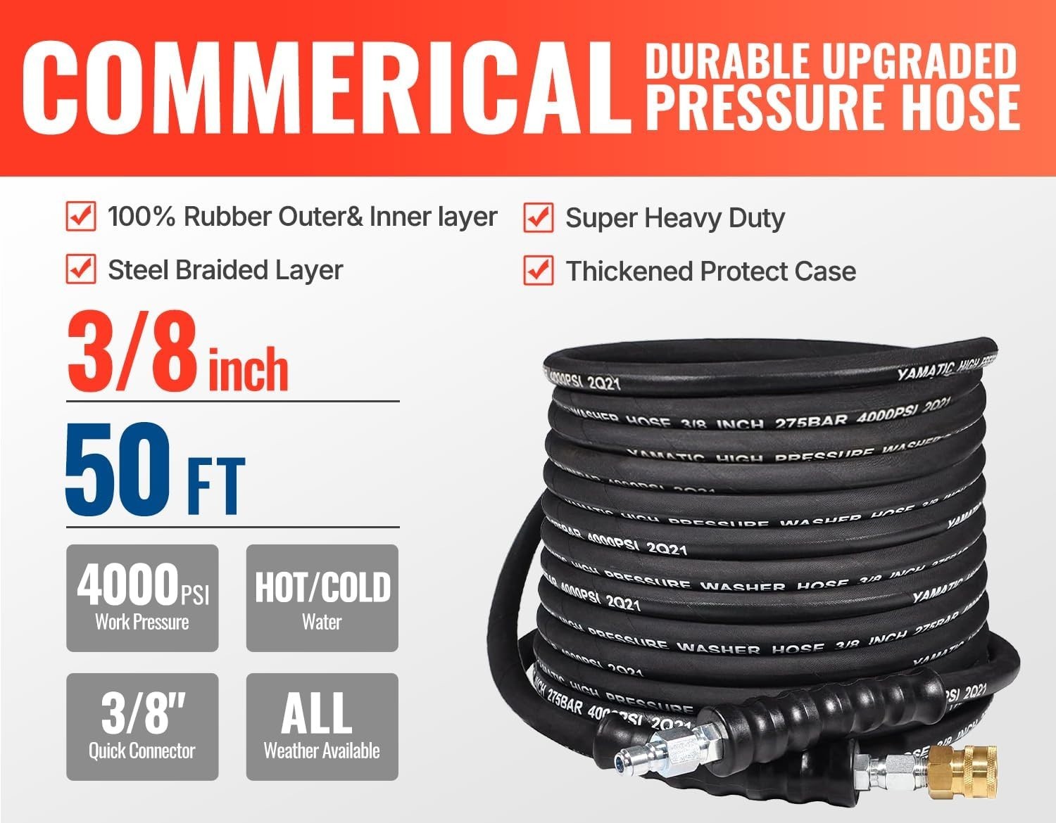 50FT 3/8″ Heavy-Duty Pressure Washer Replacement Hose – Brass & Rubber Design