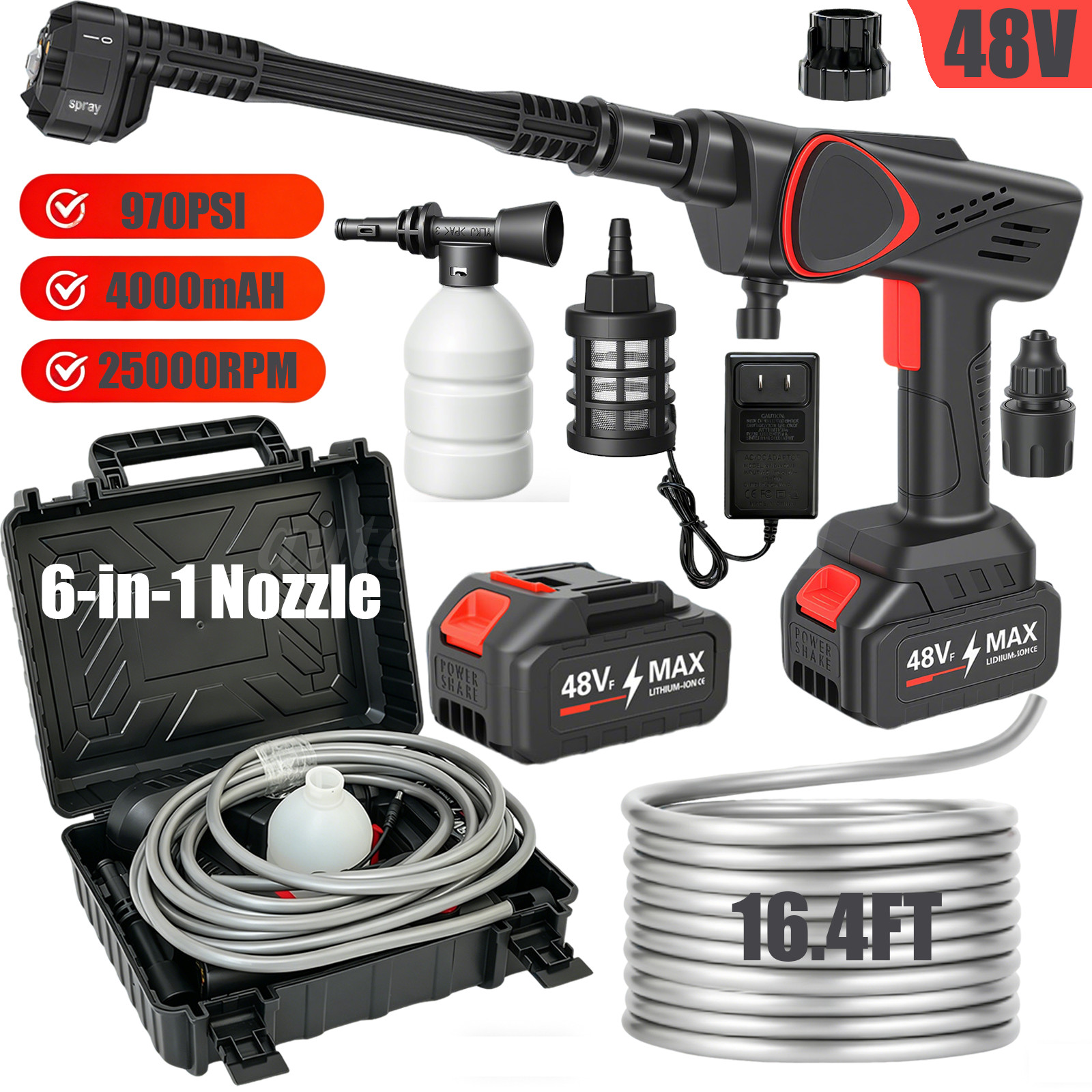 970PSI 4000mAH Cordless Pressure Washer Handheld Car Wash Gun 6-in-1 Nozzle