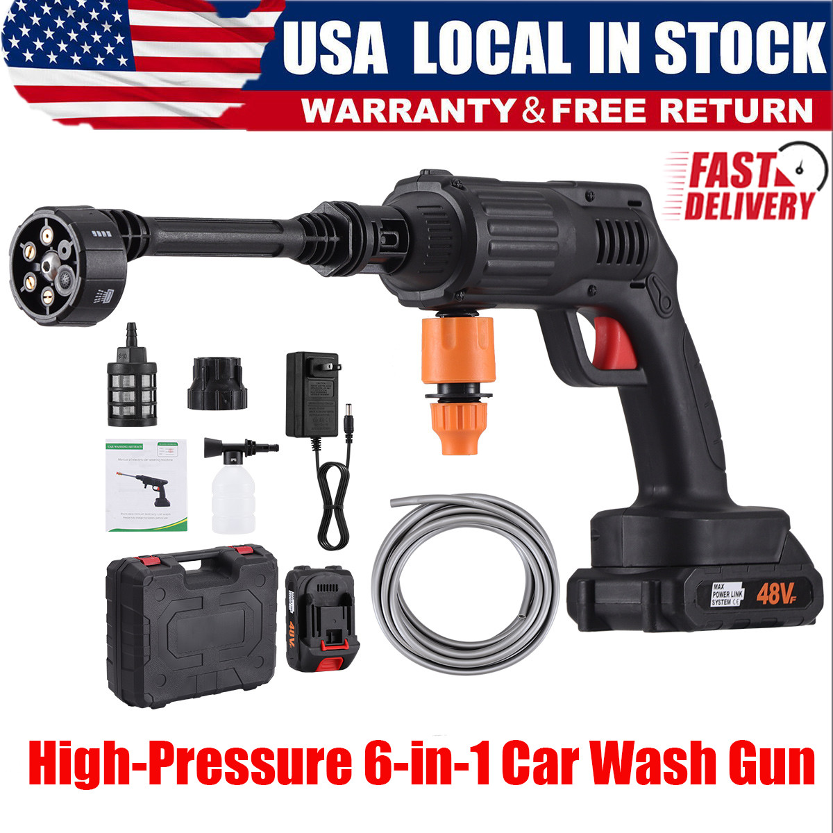 US Stock 48V Cordless Pressure Washer 6-in-1 Car Wash Gun With 2 Batteries