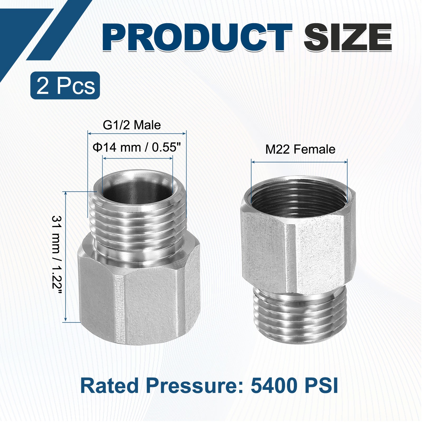 2pcs Pressure Washer Connector G1/4 Male to M22 Female 5400PSI Stainless Steel