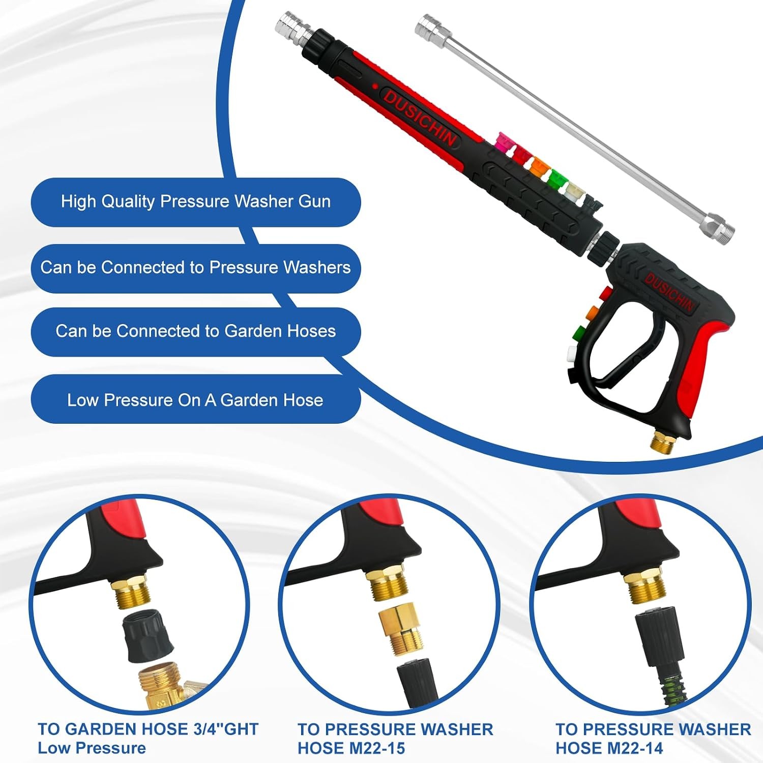 3000 PSI Pressure Washer Gun Long Wand 36 Inch 6 Nozzles M22 Fitting