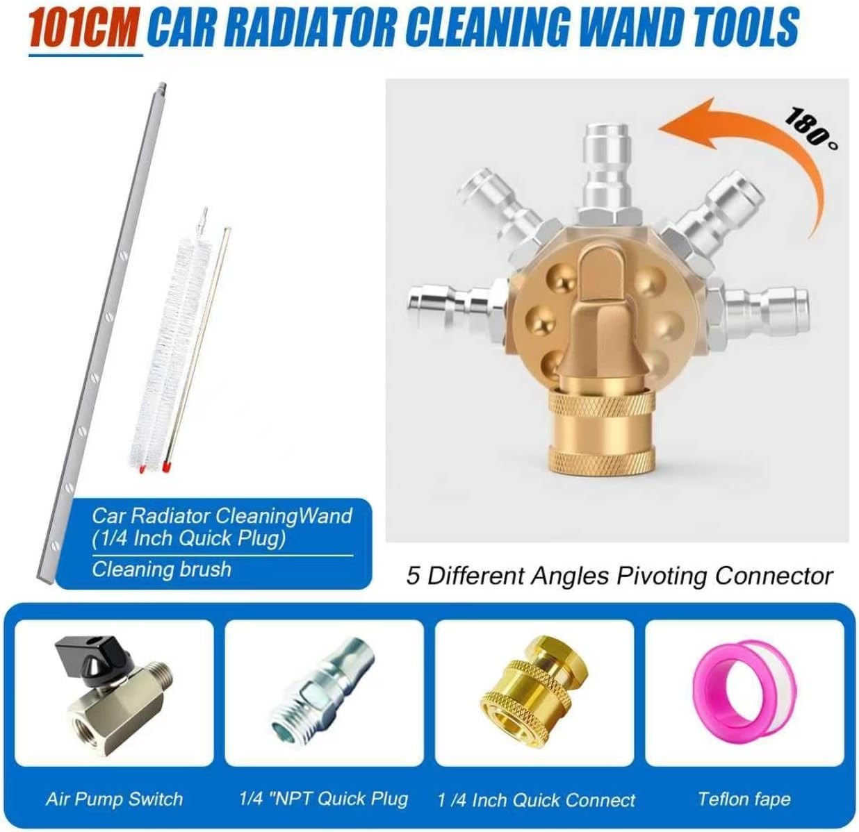 40″ Pressure Washer Wand Radiator Cleaning Flush Tool 6 Nozzles Brush Stainless
