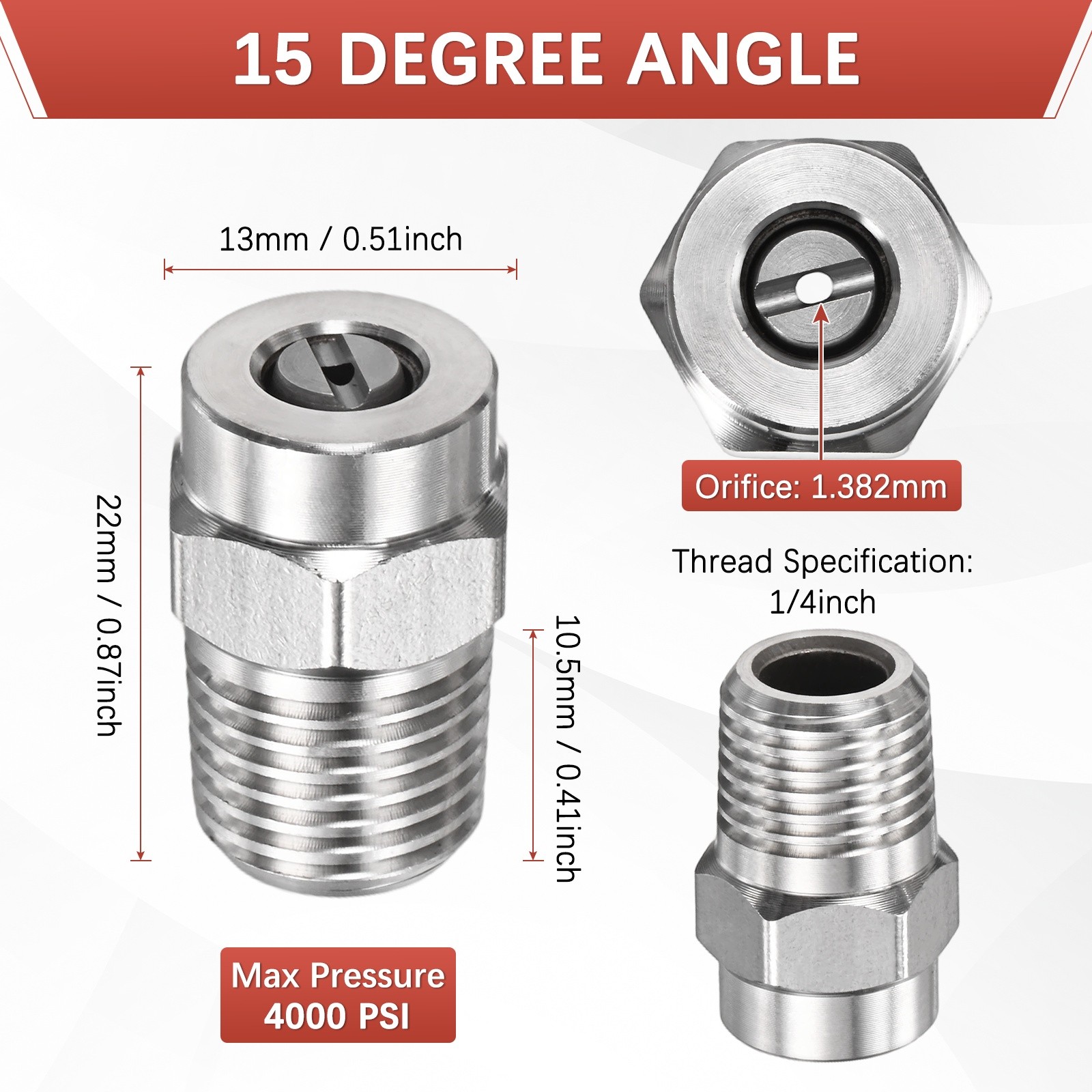 1/4″ NPT 15° Surface Cleaner Tip [6PCS] – Pressure Washer Nozzle [1.382MM Pore]