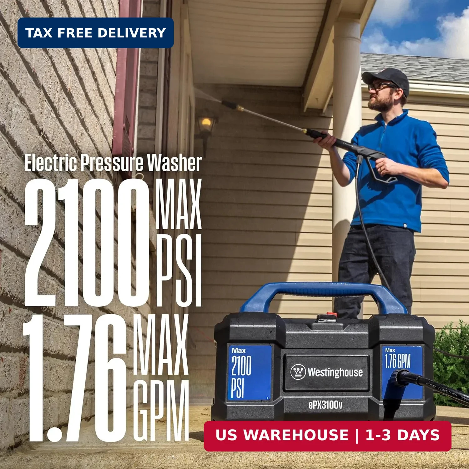 Westinghouse ePX3100v Electric Pressure Washer, 2100 Max PSI 1.76 Max GPM, Built