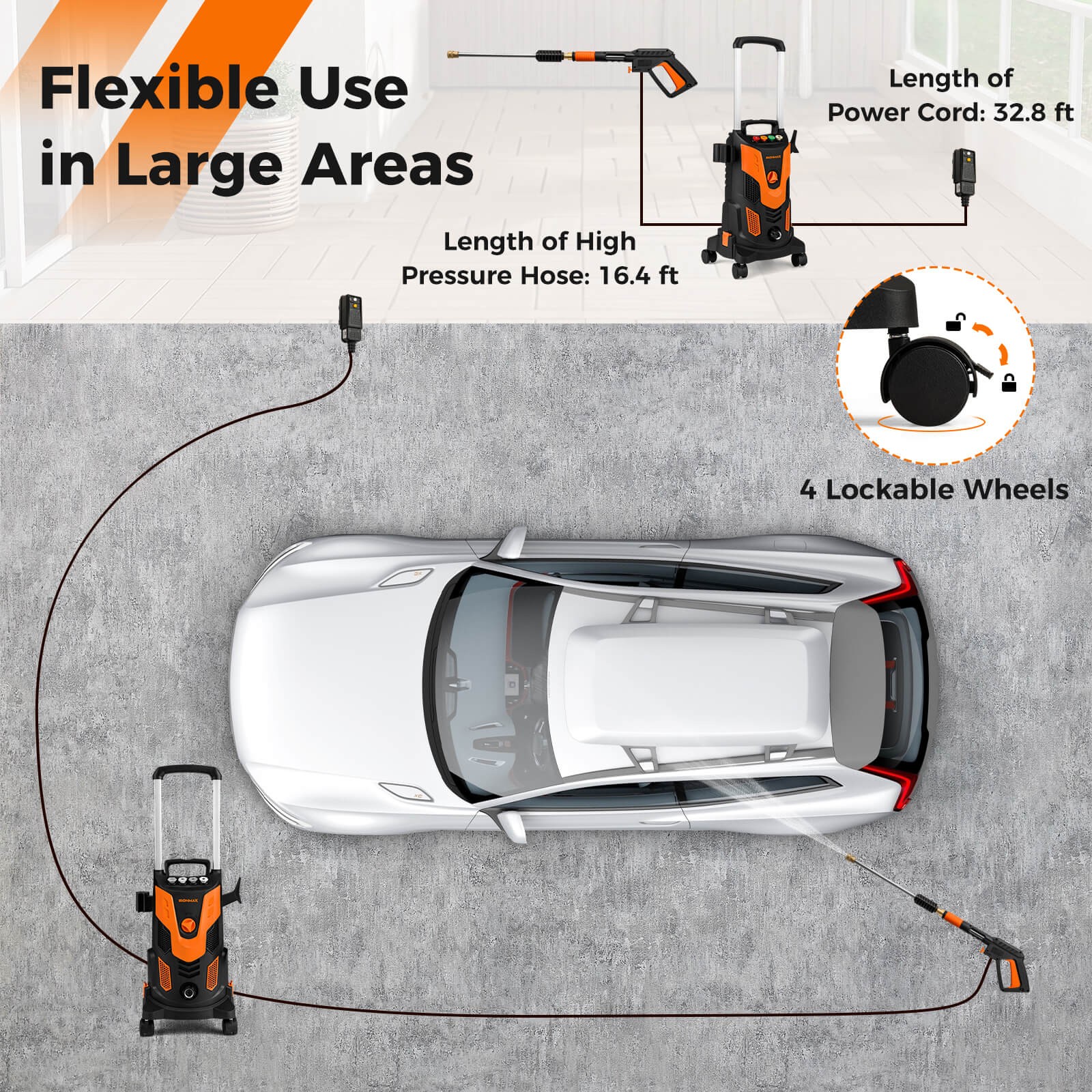 Electric Pressure Washer w/ 4 Nozzles & Soap Bottle Lockable Wheels for Cleaning