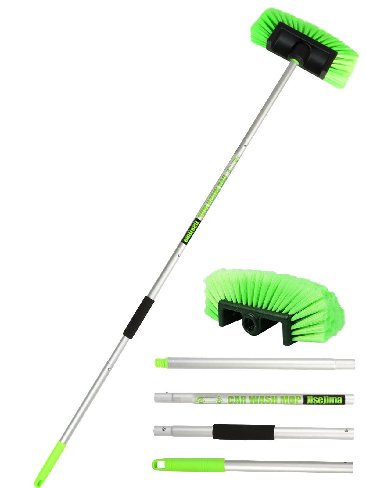Jisejima Five-Sided Car Wash Brush with Long Handle，Soft Bristle Scrub Green