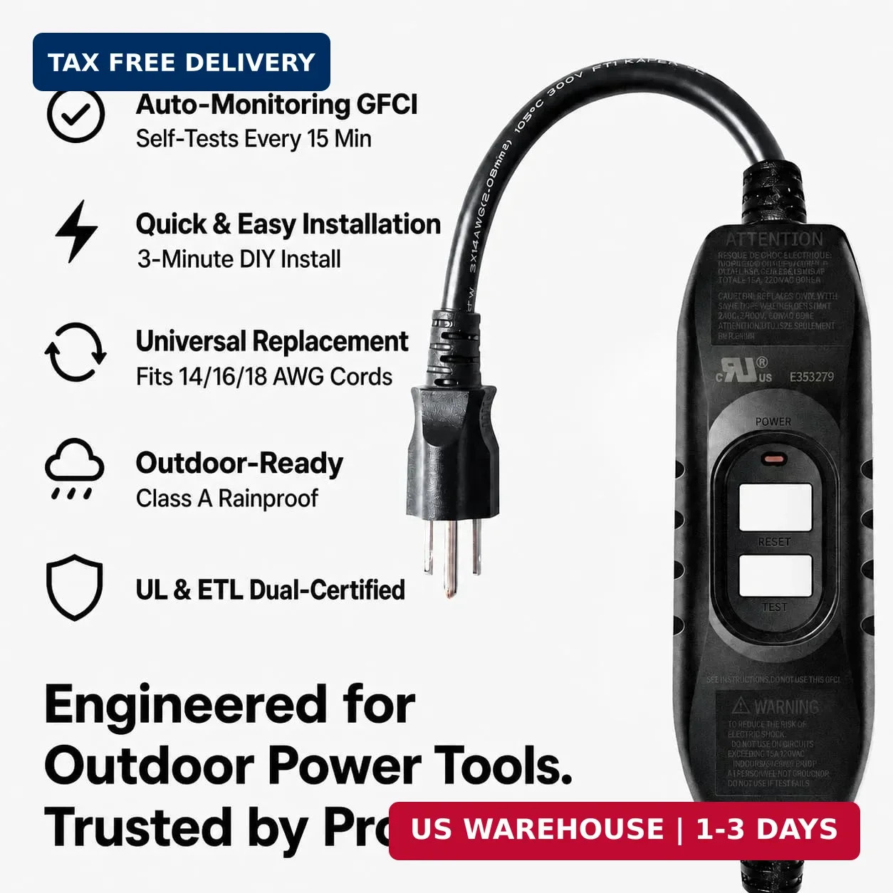 Kaper GFCI Plug Replacement, UL Safety Certified, 15 Amp Auto-Monitor Waterproof