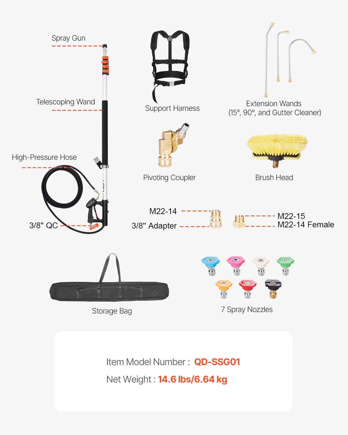 VEVOR 4000psi Pressure Washer Telescoping Wand 21ft Spray Wand with Brush Head