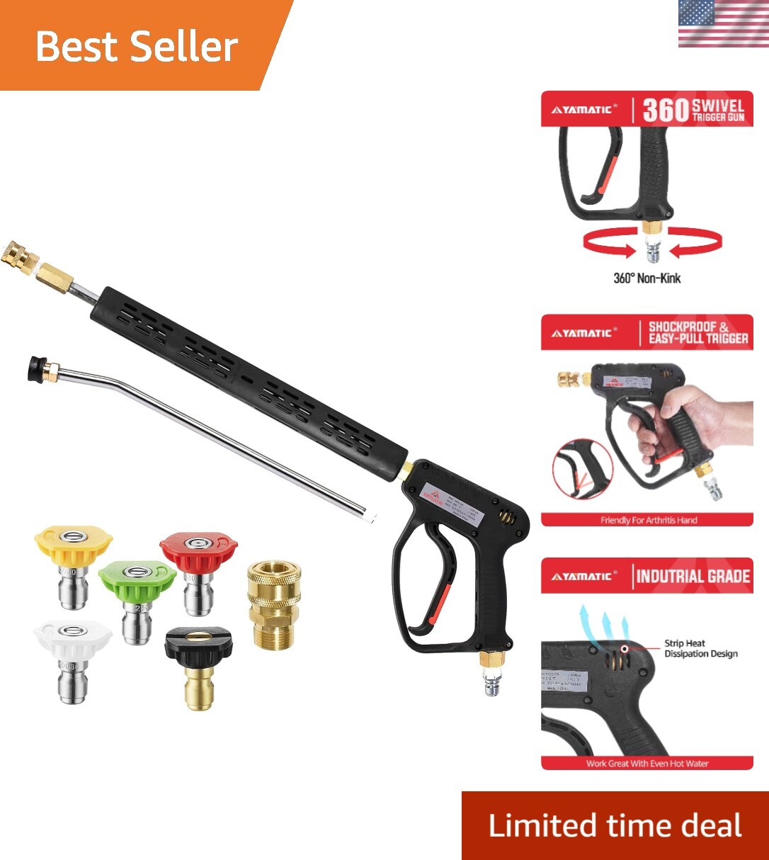 Pressure Washer Gun 5000 PSI – 3/8″ Swivel Plug & M22-14mm Coupler, Power Was…