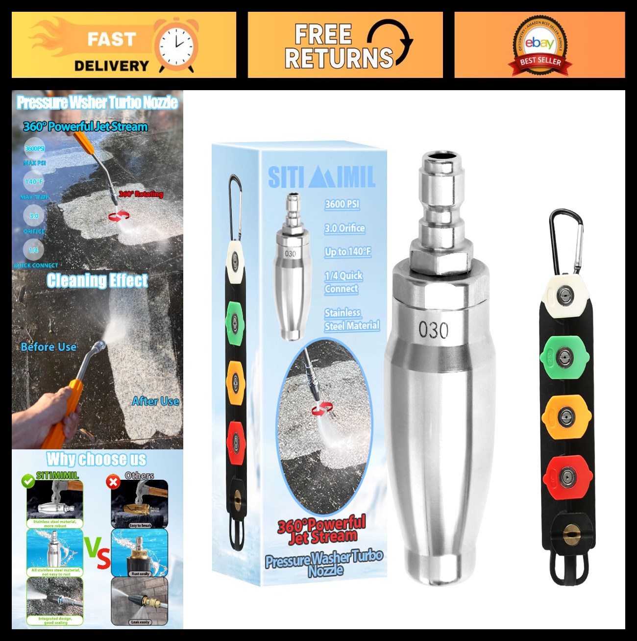 360° Rotating Turbo Nozzle for Pressure Washer, 5 Spray Tips, 1/4″ Quick Connect