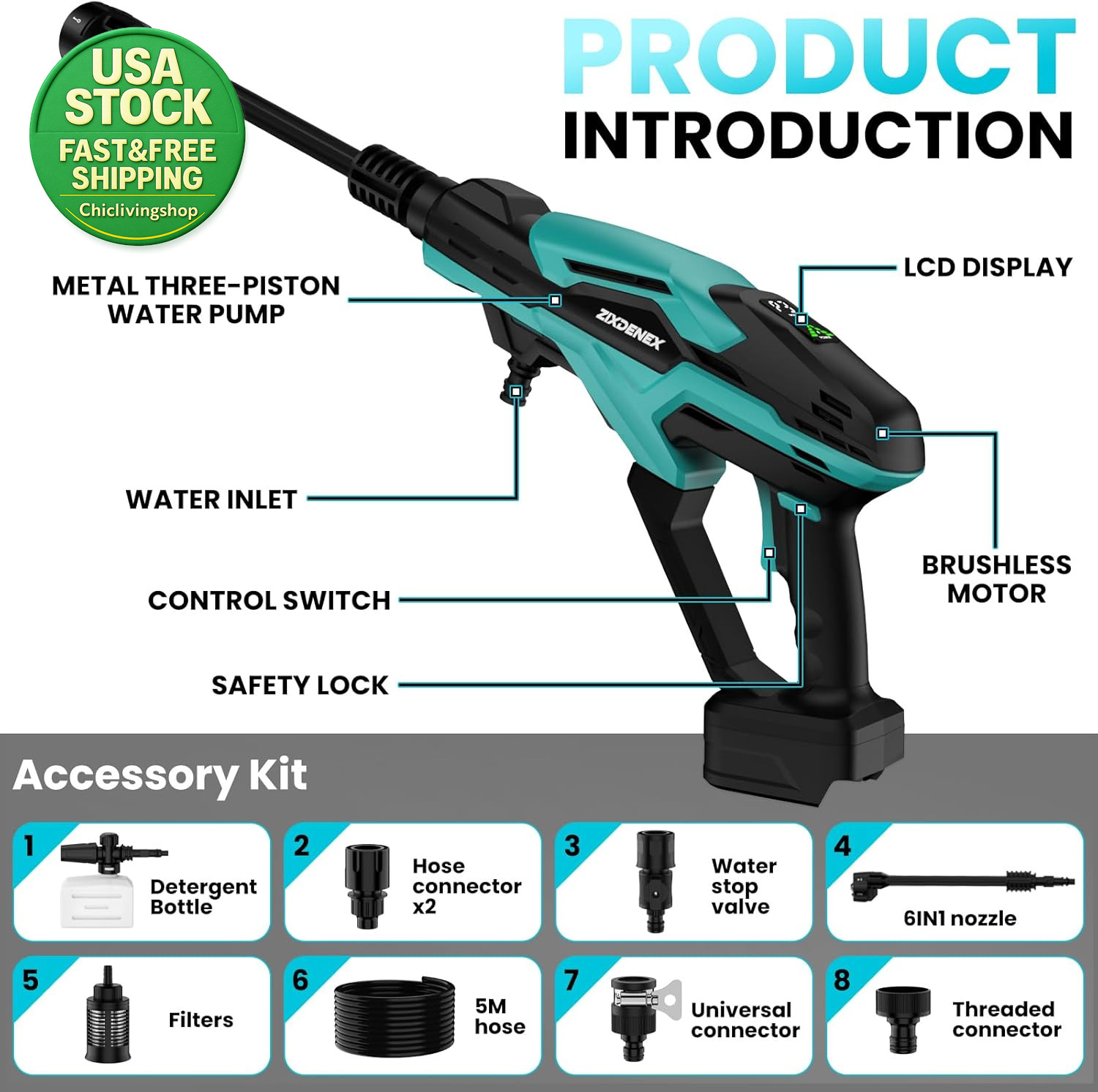 Cordless Portable Washer Makita 18V Battery 800 PSI Brushless Motor 6-In-1