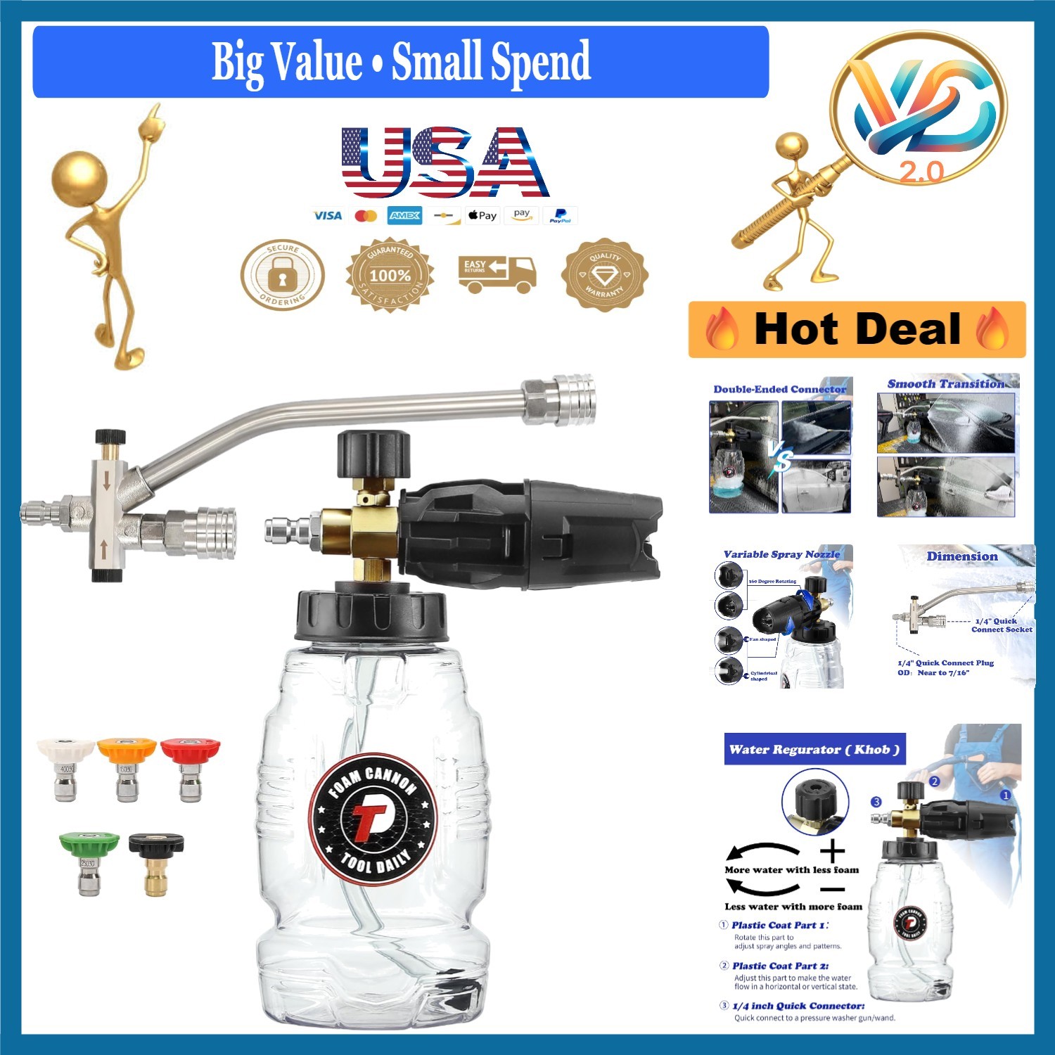 Pressure Washer Foam Cannon Kit with Dual Connector & 5 Nozzle Tips 1L