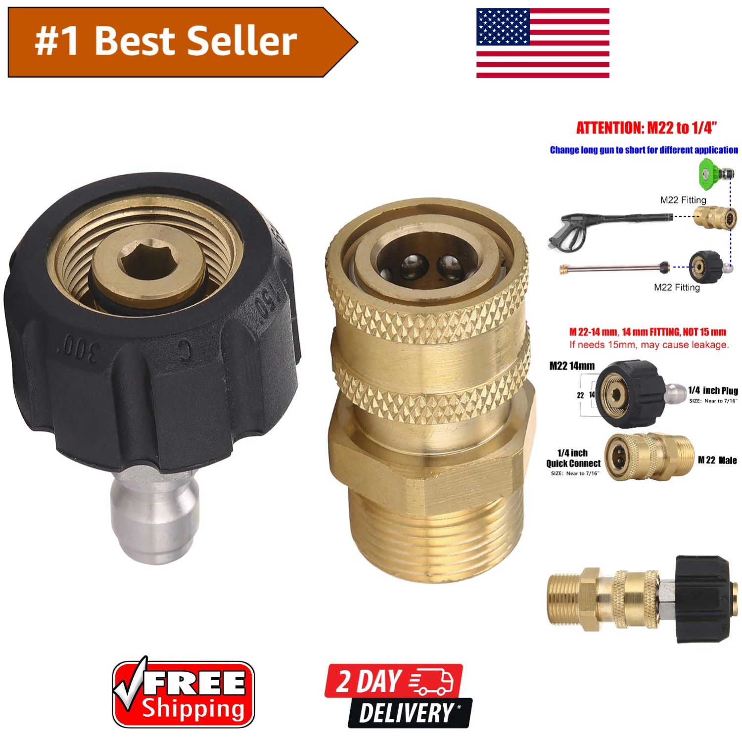 Heavy-Duty M22 to 1/4″ Quick Connect Pressure Washer Adapter Set, 3 Pieces