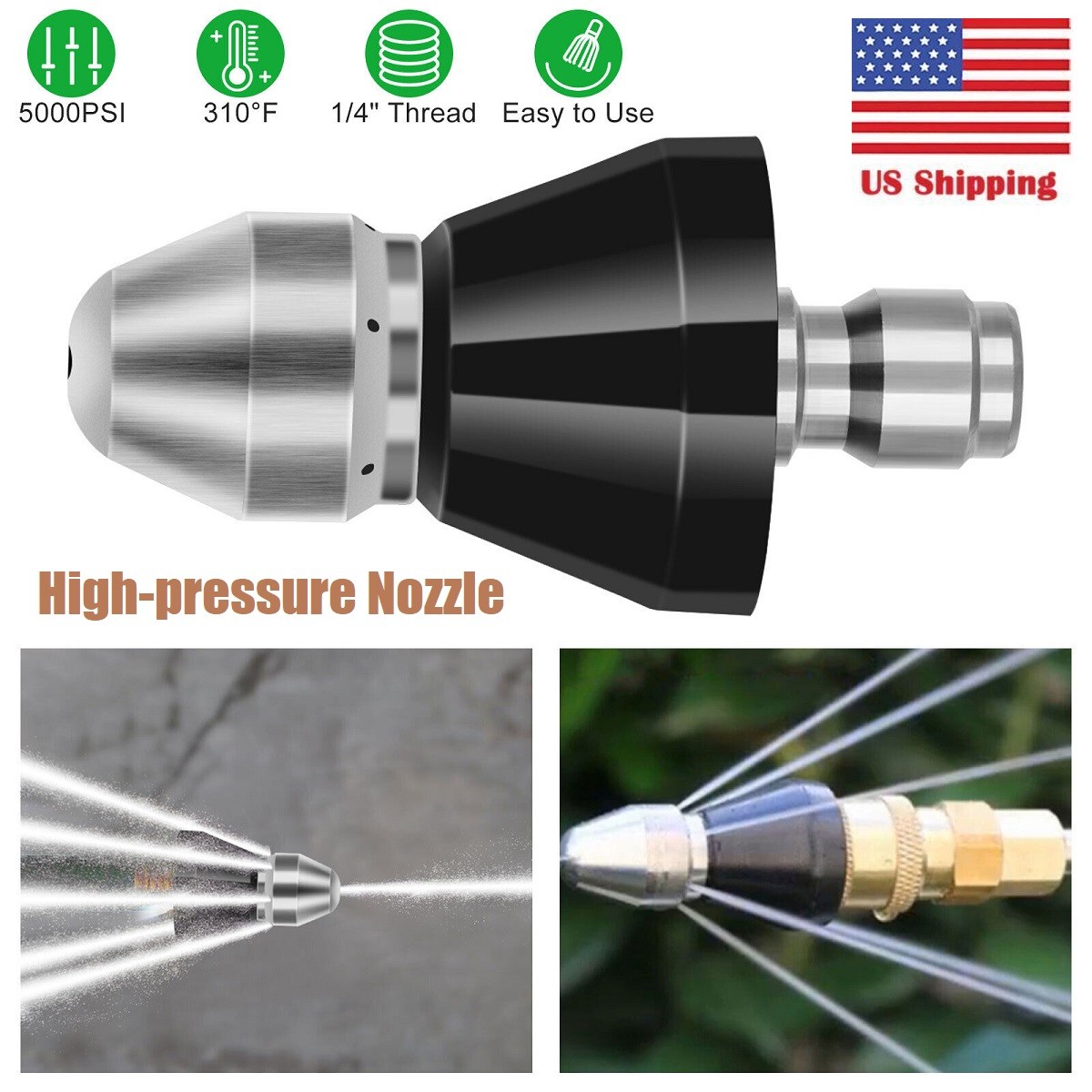 3× Sewer Cleaning Tool High-pressure Nozzle 5000psi Pipe Cleaner 1/4″ Connector