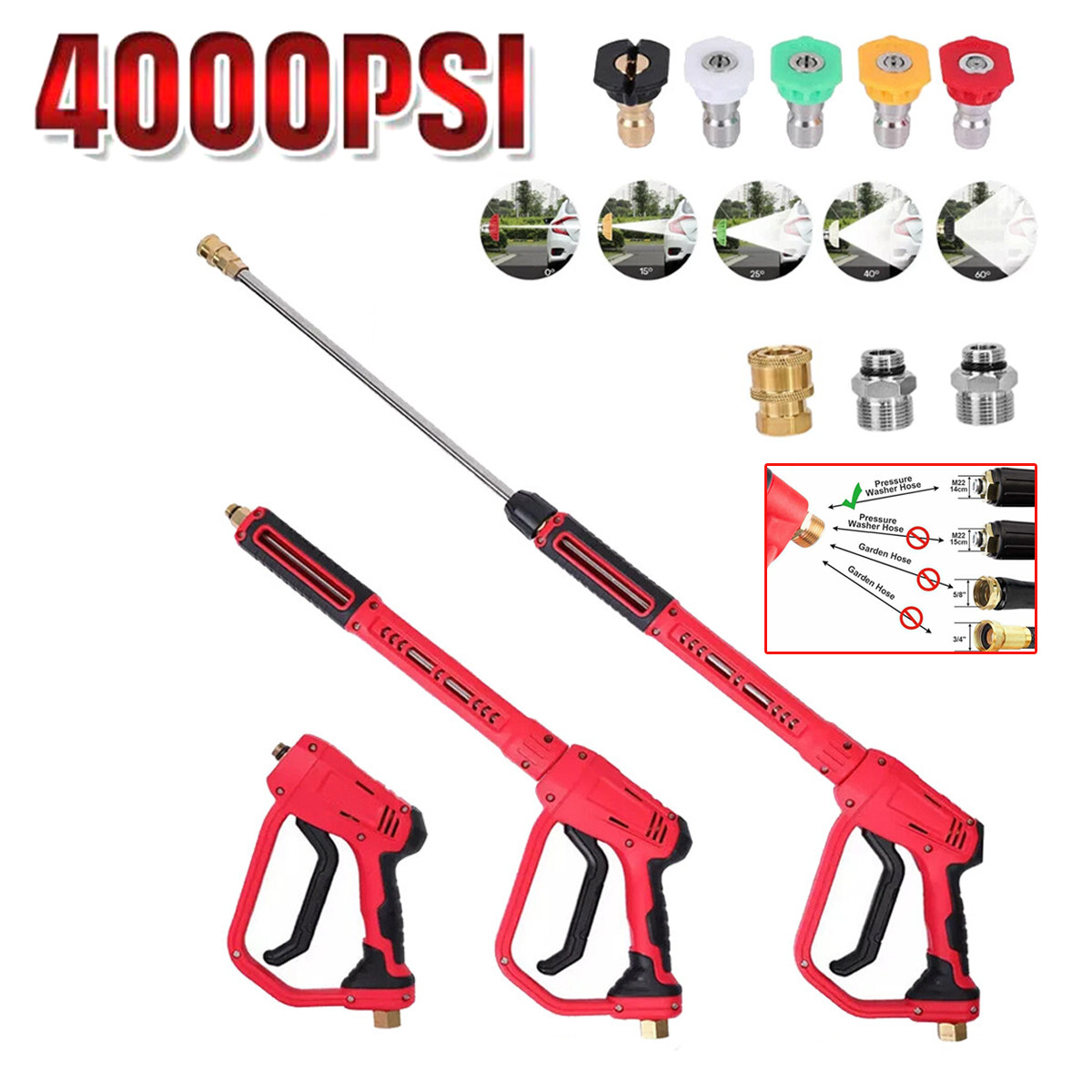 High Pressure 4000PSI Car Power Washer Gun Spray Wand Lance 5 Nozzle Tool 1/4″