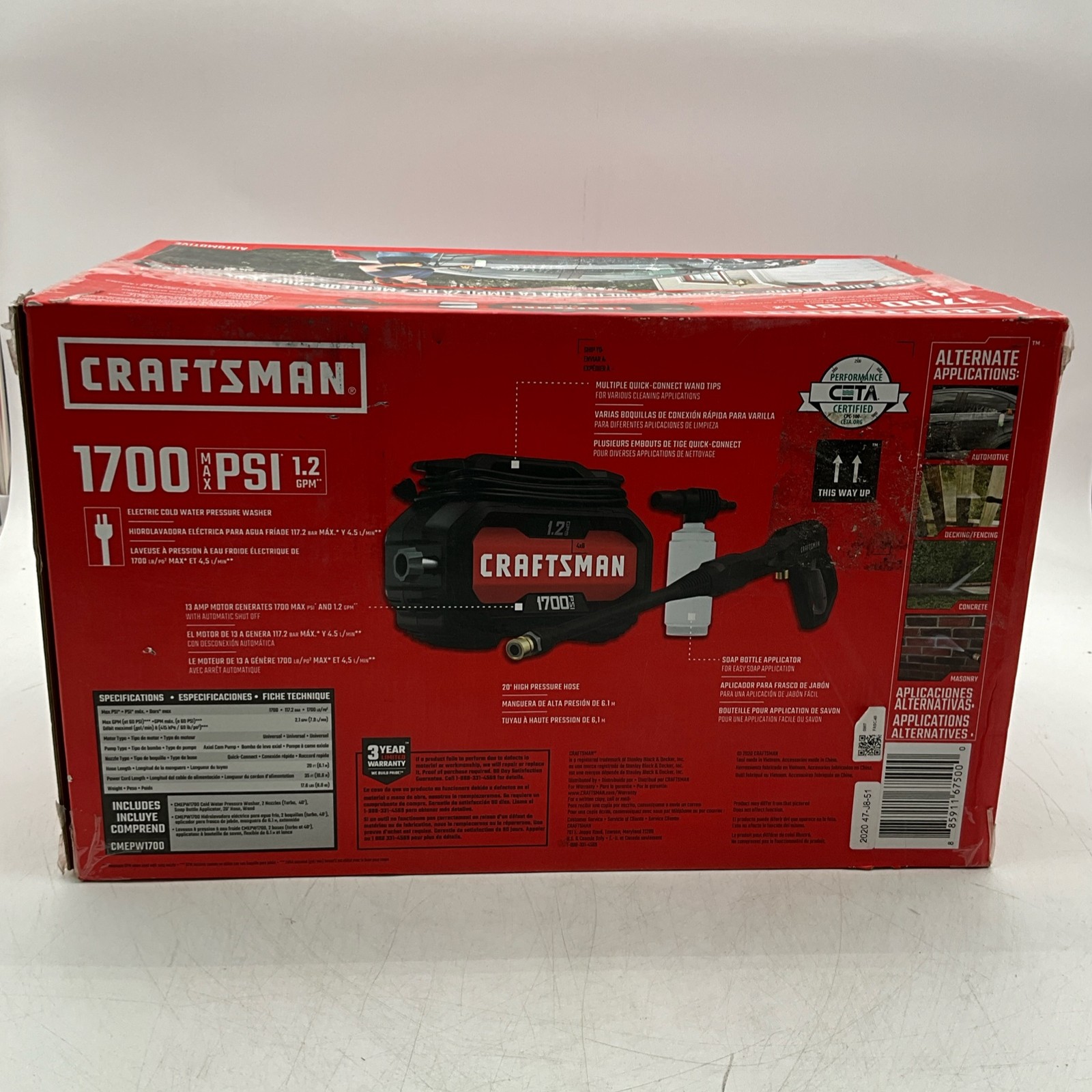 CRAFTSMAN Electric Pressure Washer, Cold Water, 1700-PSI, 1.2-GPM, CMEPW1700