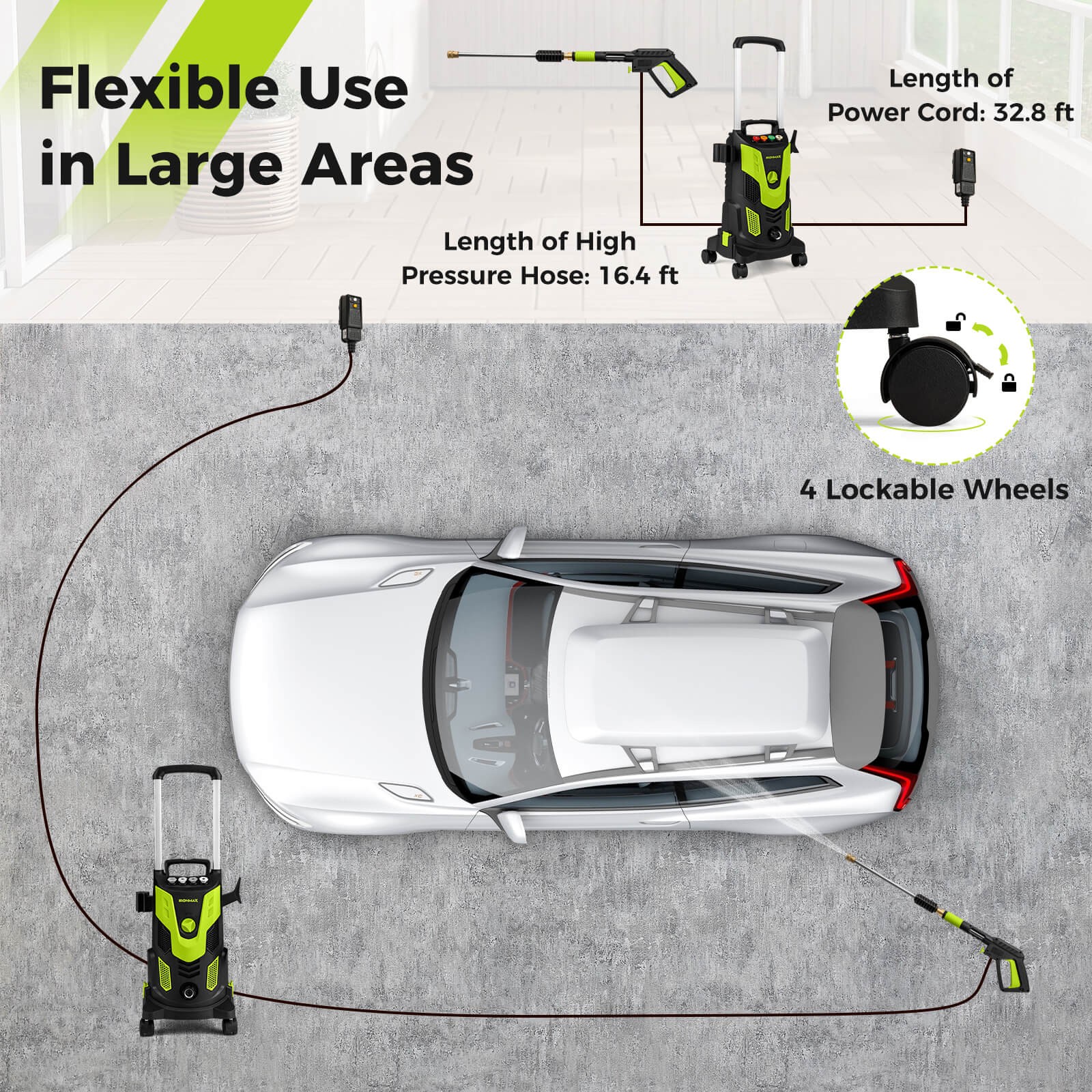 Electric Pressure Washer w/ 4 Nozzles & Soap Bottle Lockable Wheels for Cleaning