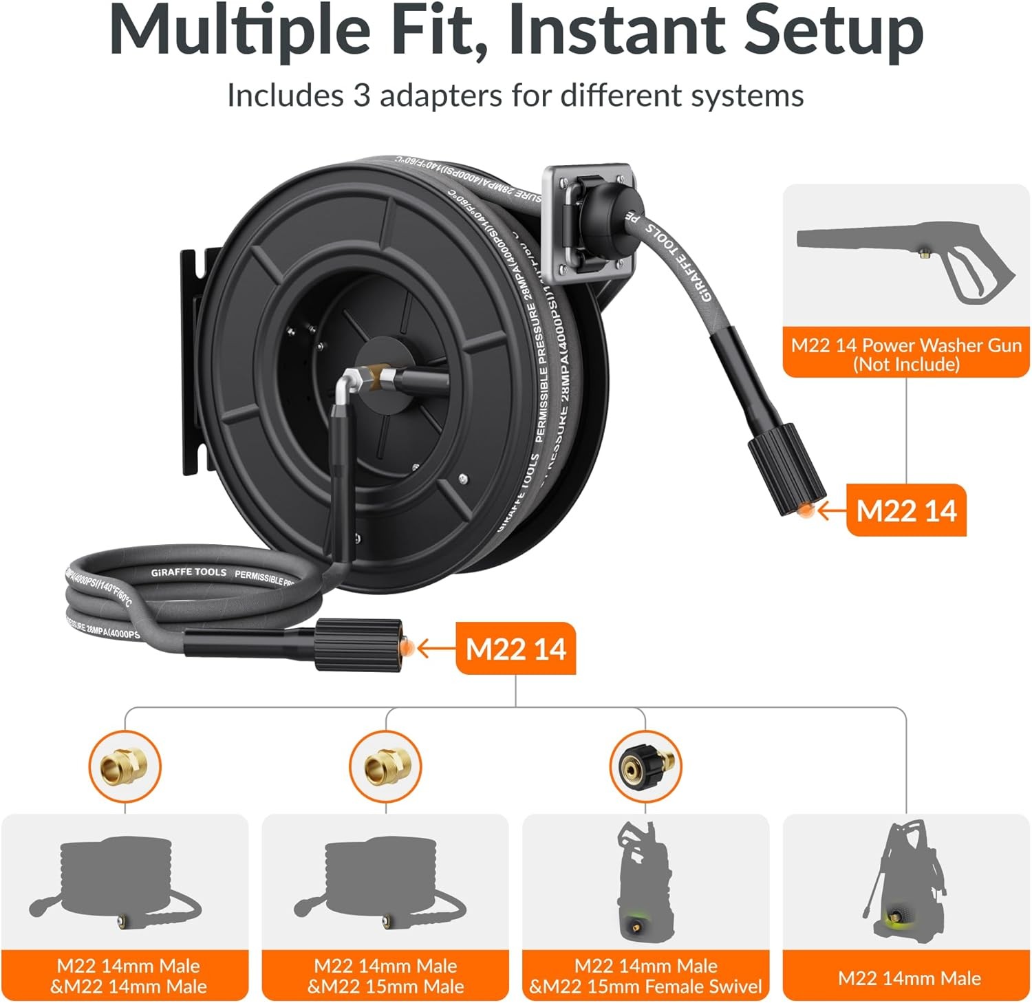 Pressure Washer Hose Reel 60ft 1/4″ Power Washer Hose Reel Automatic Rewind