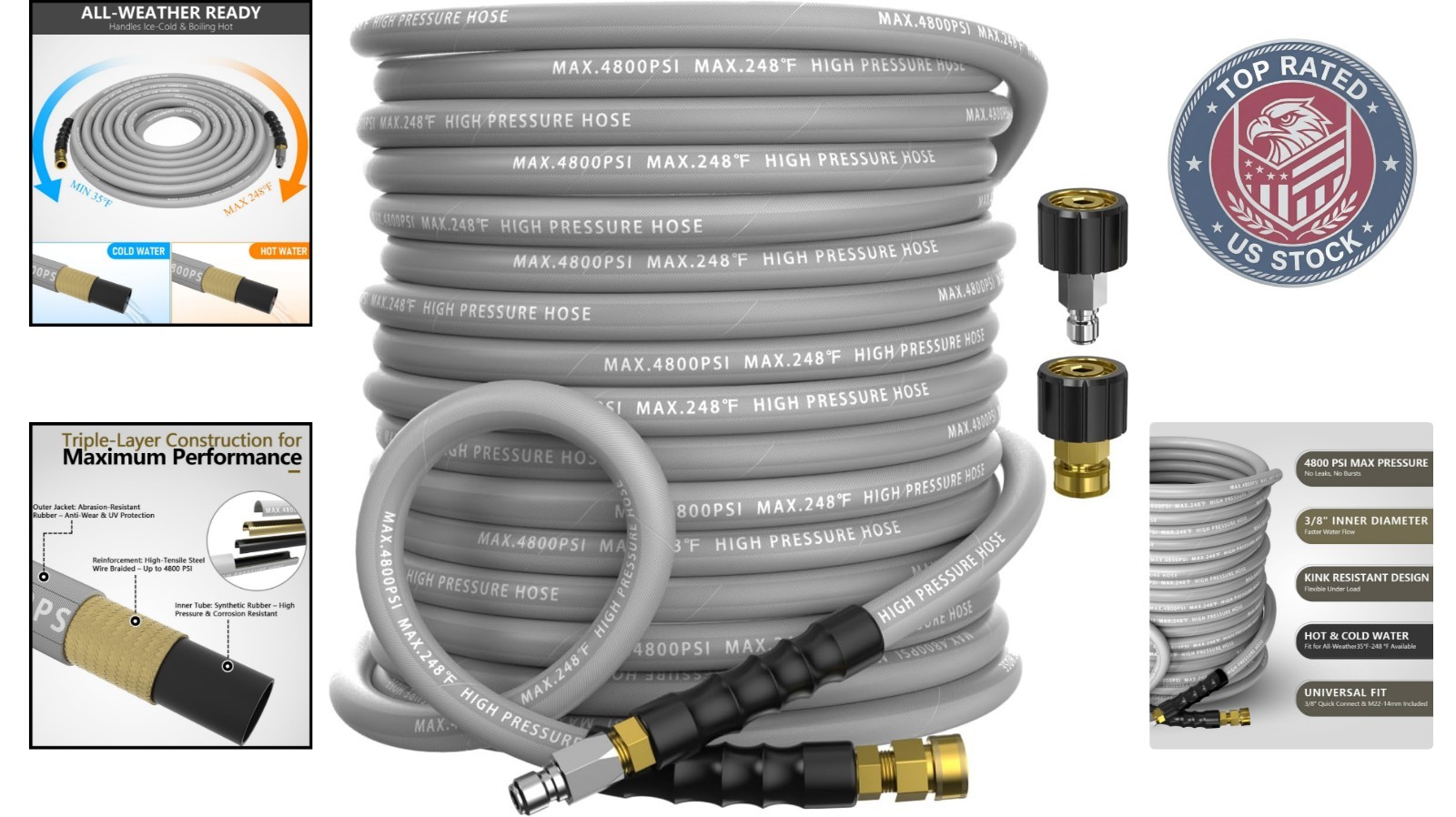 Ultra-Flexible 50FT Pressure Washer Hose 3/8″ – Steel Braided, 4800 PSI Rating