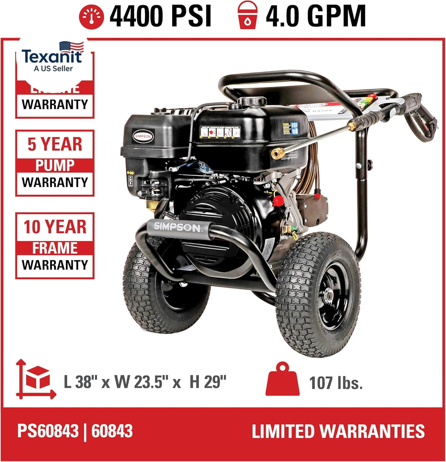 Simpson 4400 PSI Gas Pressure Washer, 4.0 GPM Commercial Power Washer, Cold Wate