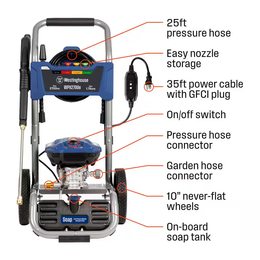 2700 Max PSI 1.76 Max GPM 13 Amp Cold Water Electric Powered Pressure Washer wit