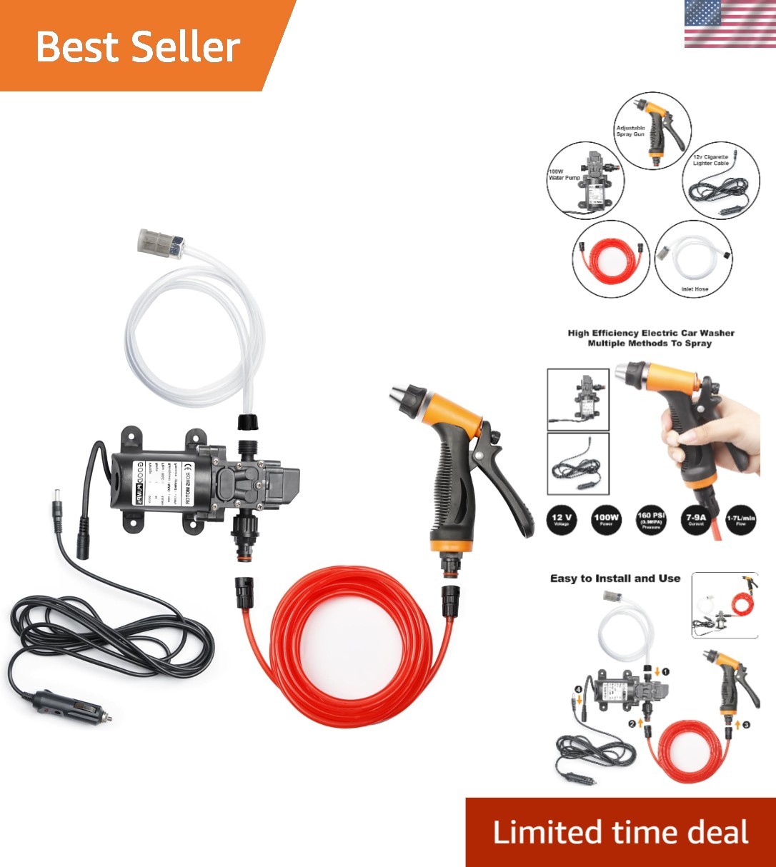 Intelligent 12V Electric Pressure Washer with 21.3 ft Hose – Multi-Use Kit