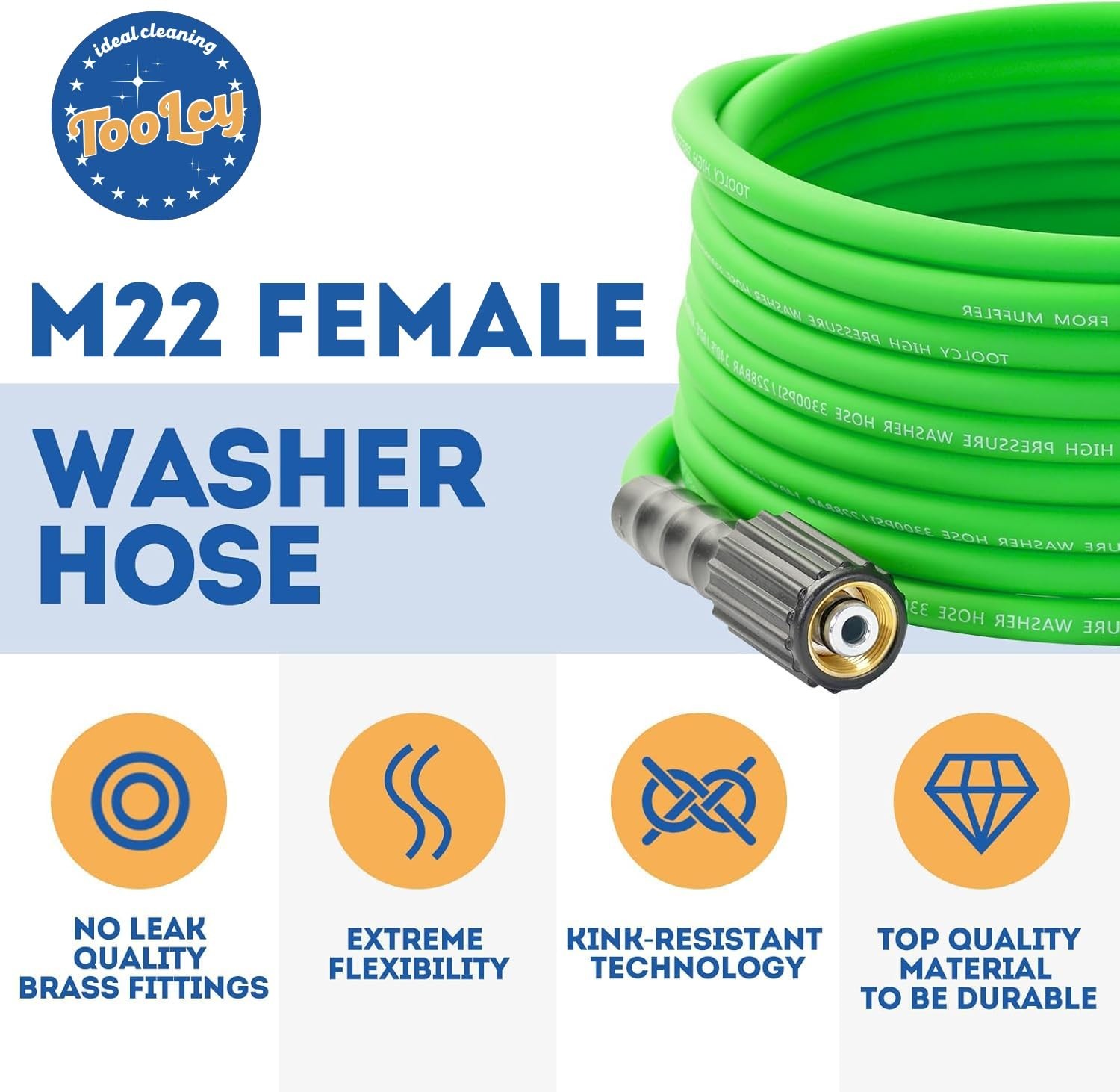 TOOLCY Super Flexible Pressure Washer Hose 3300 psi 100ft, 1/4″ M22 Kink Resist