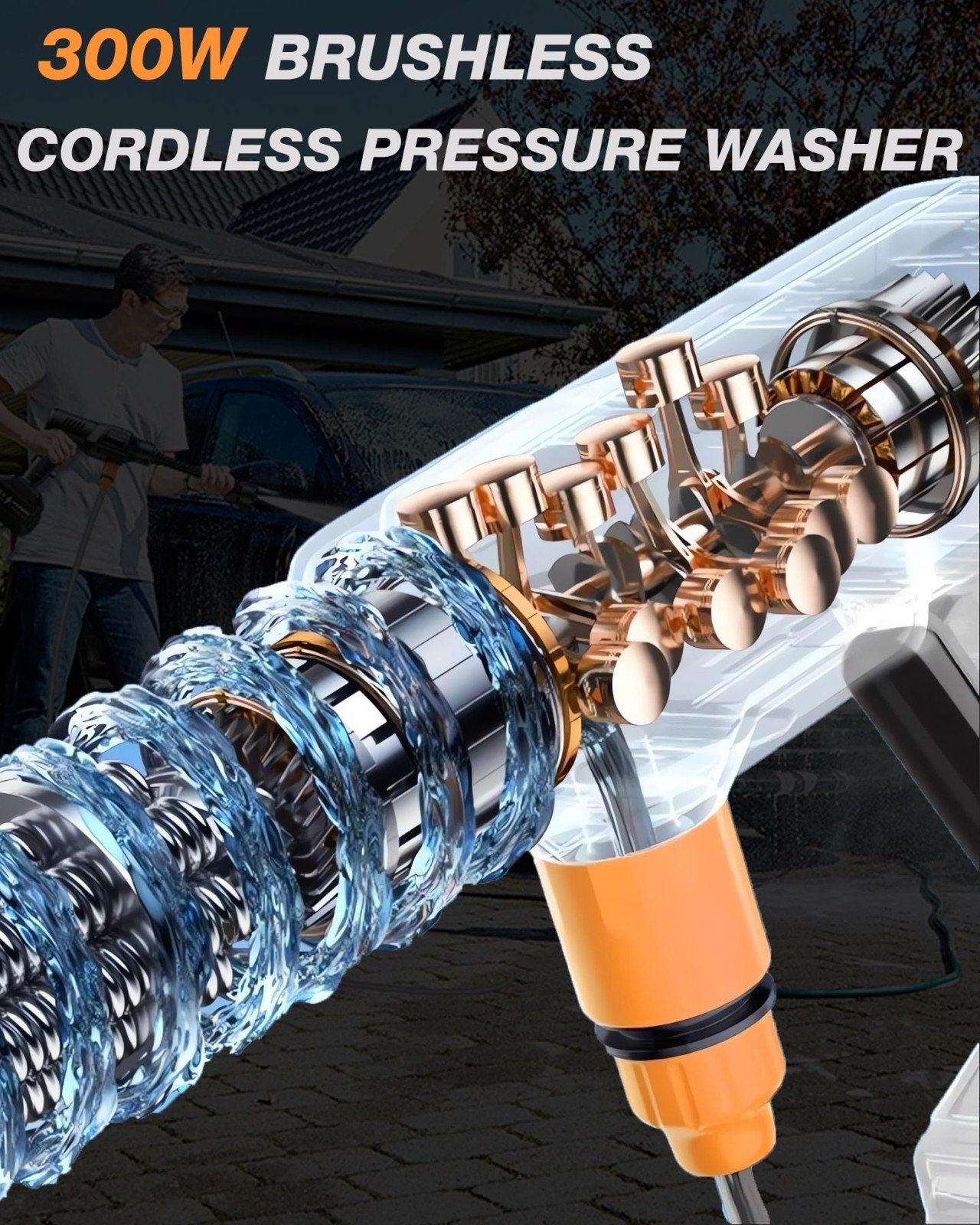 Portable Cordless Car Washer 1250PSI, 6-in-1 Nozzle, 17FT Hose, Handheld Cleaner