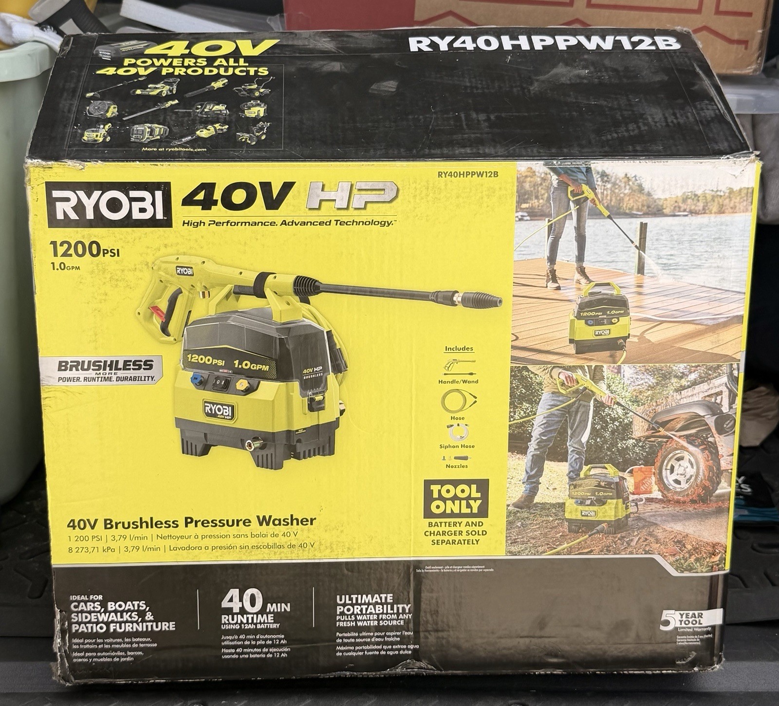 RYOBI 40V HP Brushless Battery Cold Water Pressure Washer 1200 PSI RY40HPPW12B