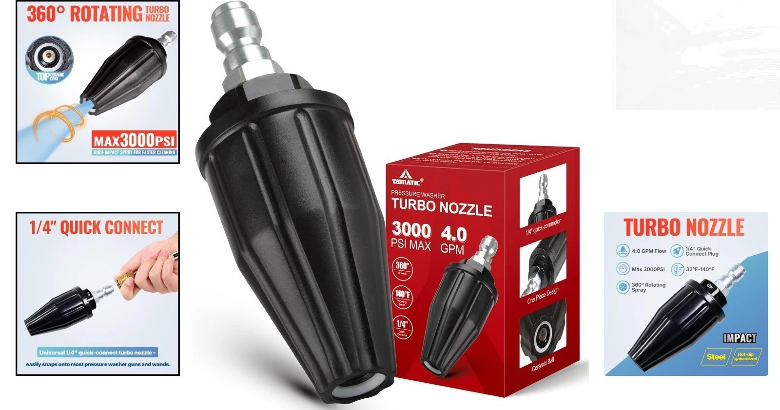 Efficient 3000 PSI Pressure Washer Turbo Nozzle – 4.0GPM with Quick Connector