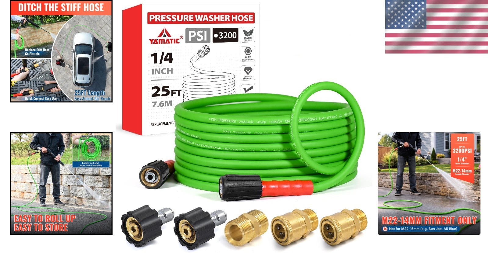 25FT Kink-Resistant Pressure Washer Hose for 3200 PSI, Quick Connect Adapters