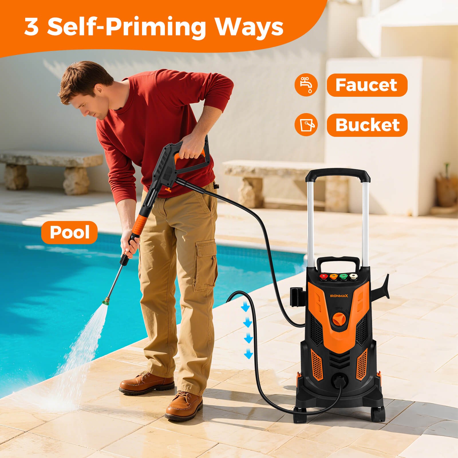 Electric Pressure Washer w/ 4 Nozzles & Soap Bottle Lockable Wheels for Cleaning