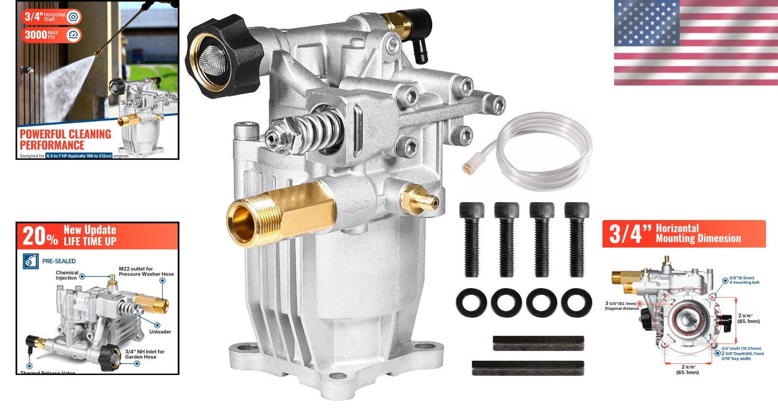 Pressure Washer Pump 3/4″ Shaft 3000 PSI 2.5 GPM Replacement for Power Washers