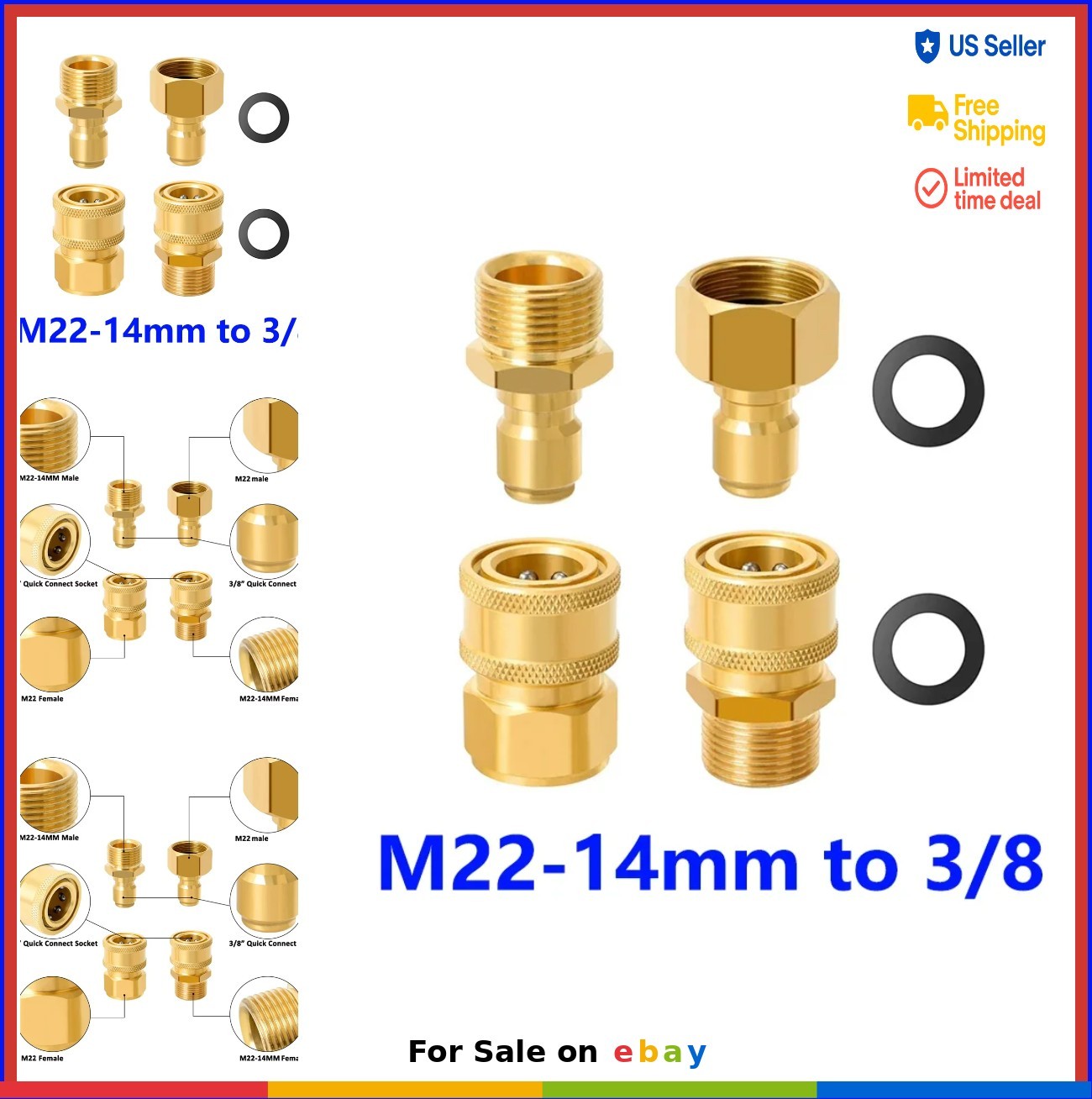 4PCS Pressure Washer Adapter Set Quick Disconnect Kit M22 Swivel 3/8” Connects