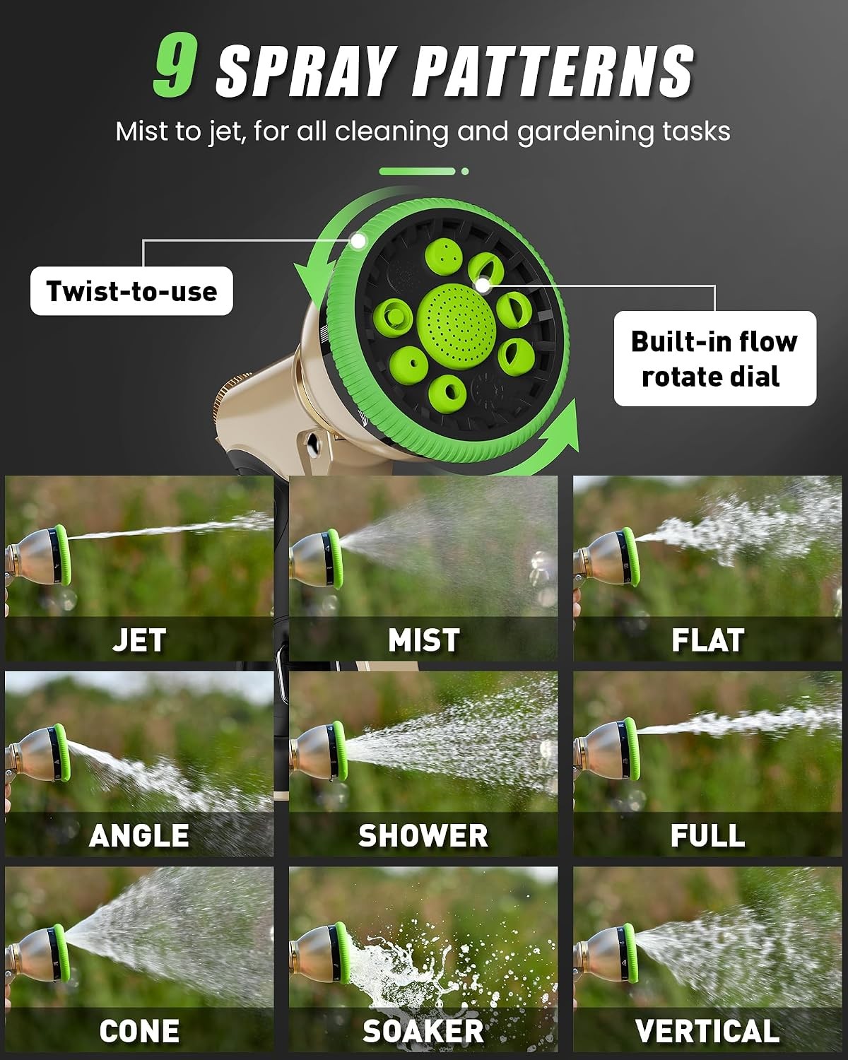 9 Spray Patterns Heavy Duty Garden Hose Nozzle 3/4 Inch NH Connector