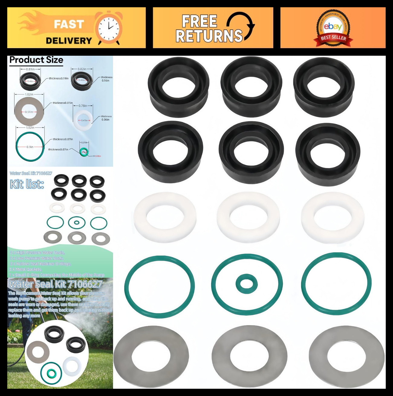 Pressure Washer Pump Seal Kit 7106627 – Rebuild Kit for Simpson Pumps, Power Was