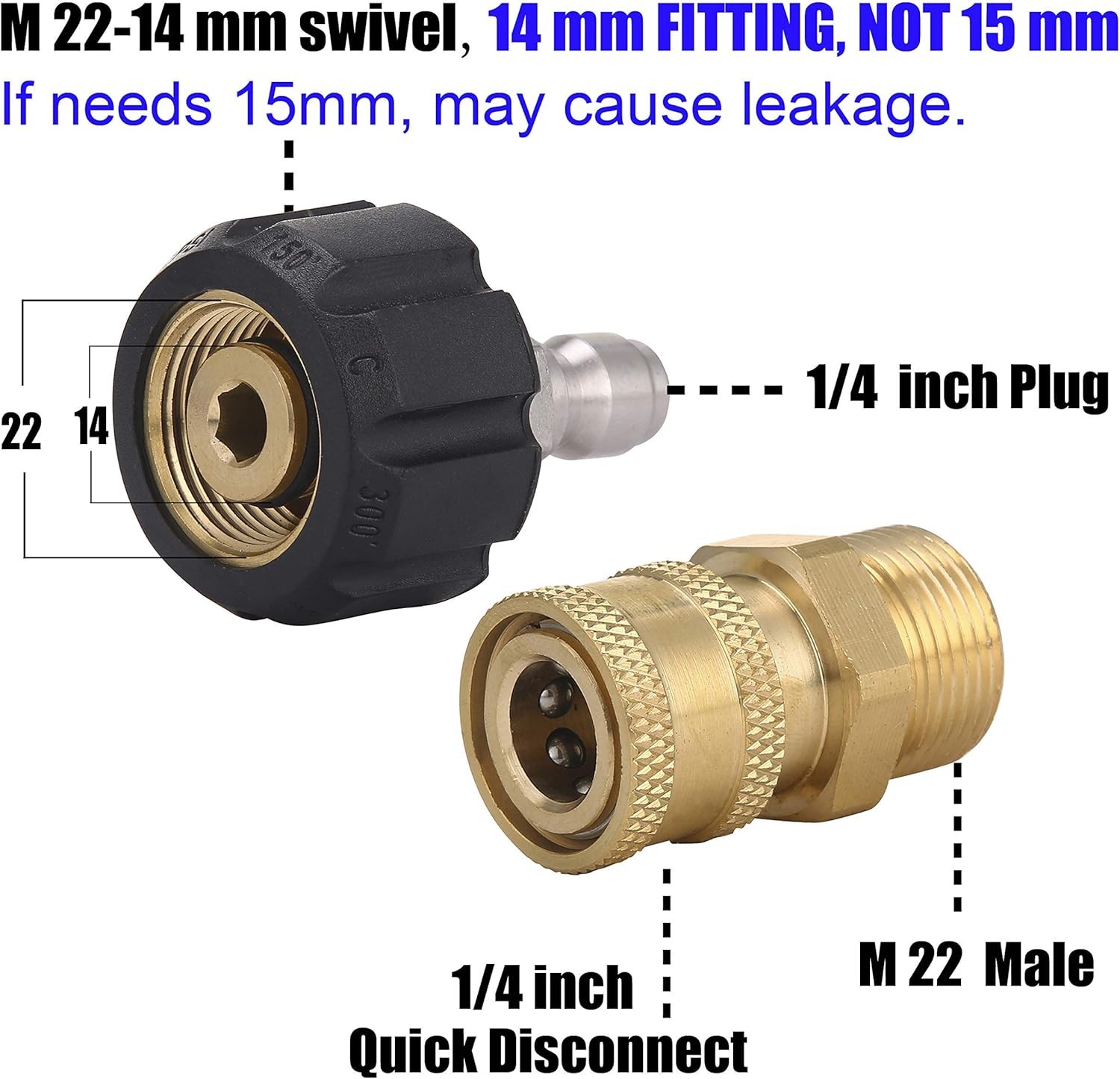 Pressure Washer Adapter Set, Quick Connect Gun to Wand, M22 14Mm to 1/4 Inch