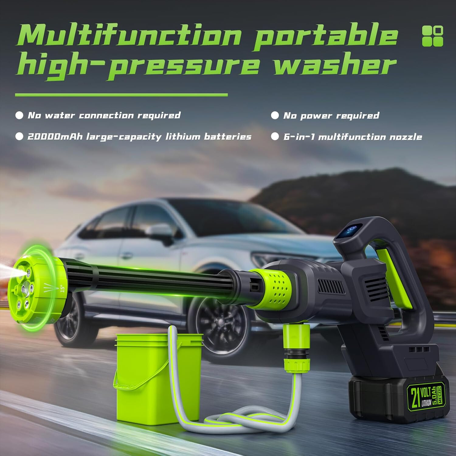 MECOC 6 in 1 Cordless Power Washer Max 970 PSI Portable Pressure 2 Batteries 21V